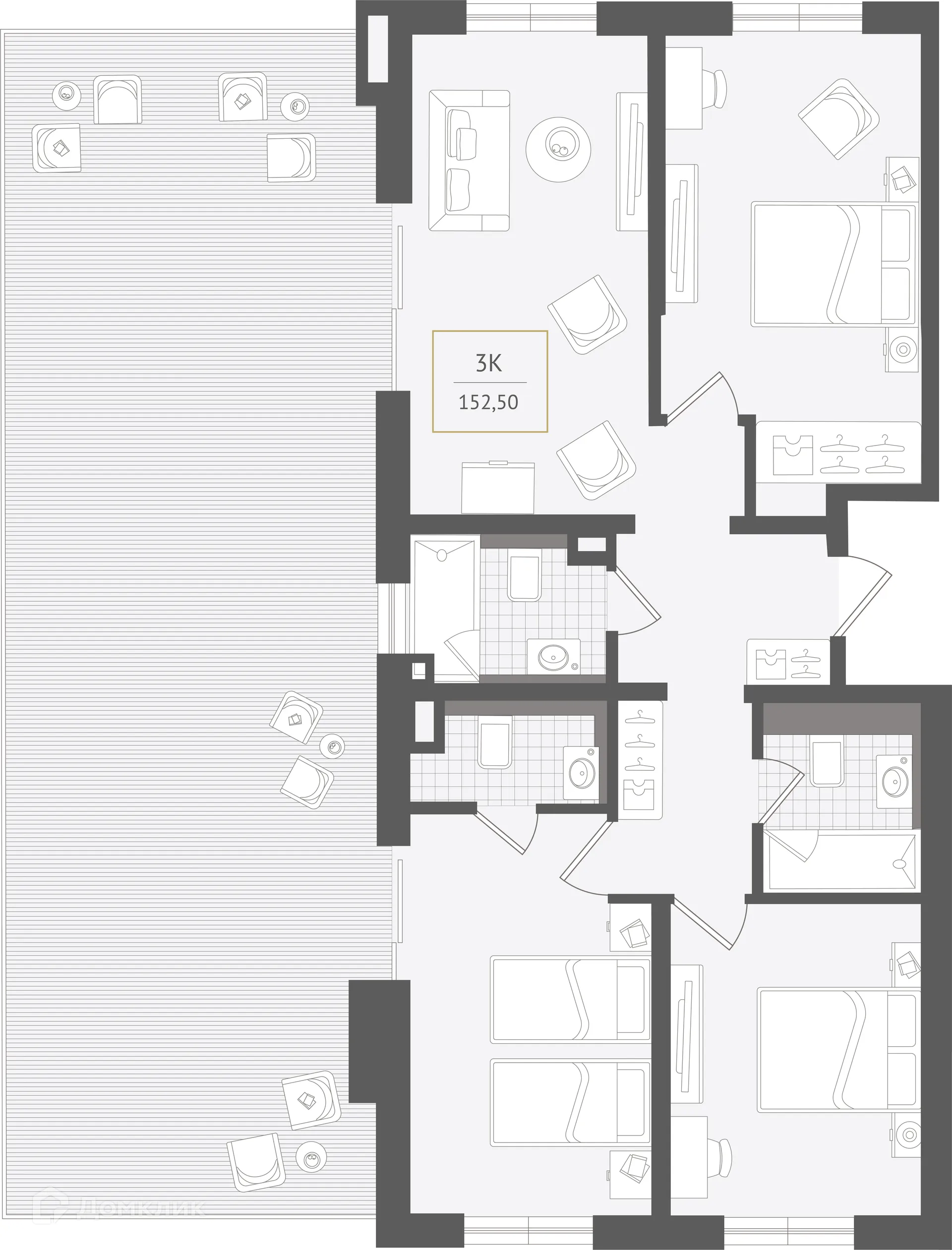 Планировка 3-комнатной квартиры 152.5 м² в ЖК Гостиничный комплекс "Нескучный сад", г. Сочи — фото 1