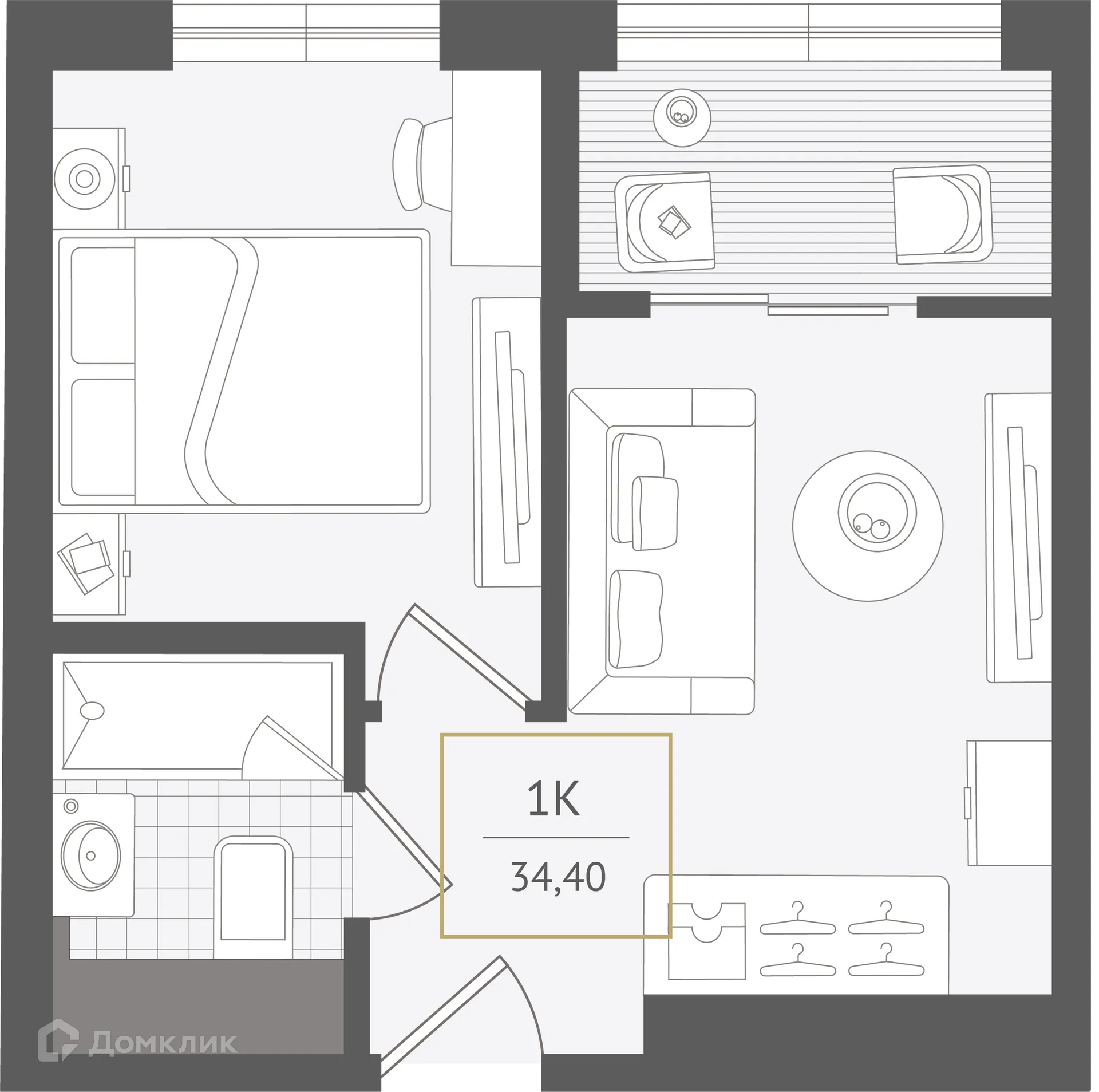 Планировка 1-комнатной квартиры 34.4 м² в ЖК Гостиничный комплекс "Нескучный сад", г. Сочи — фото 1