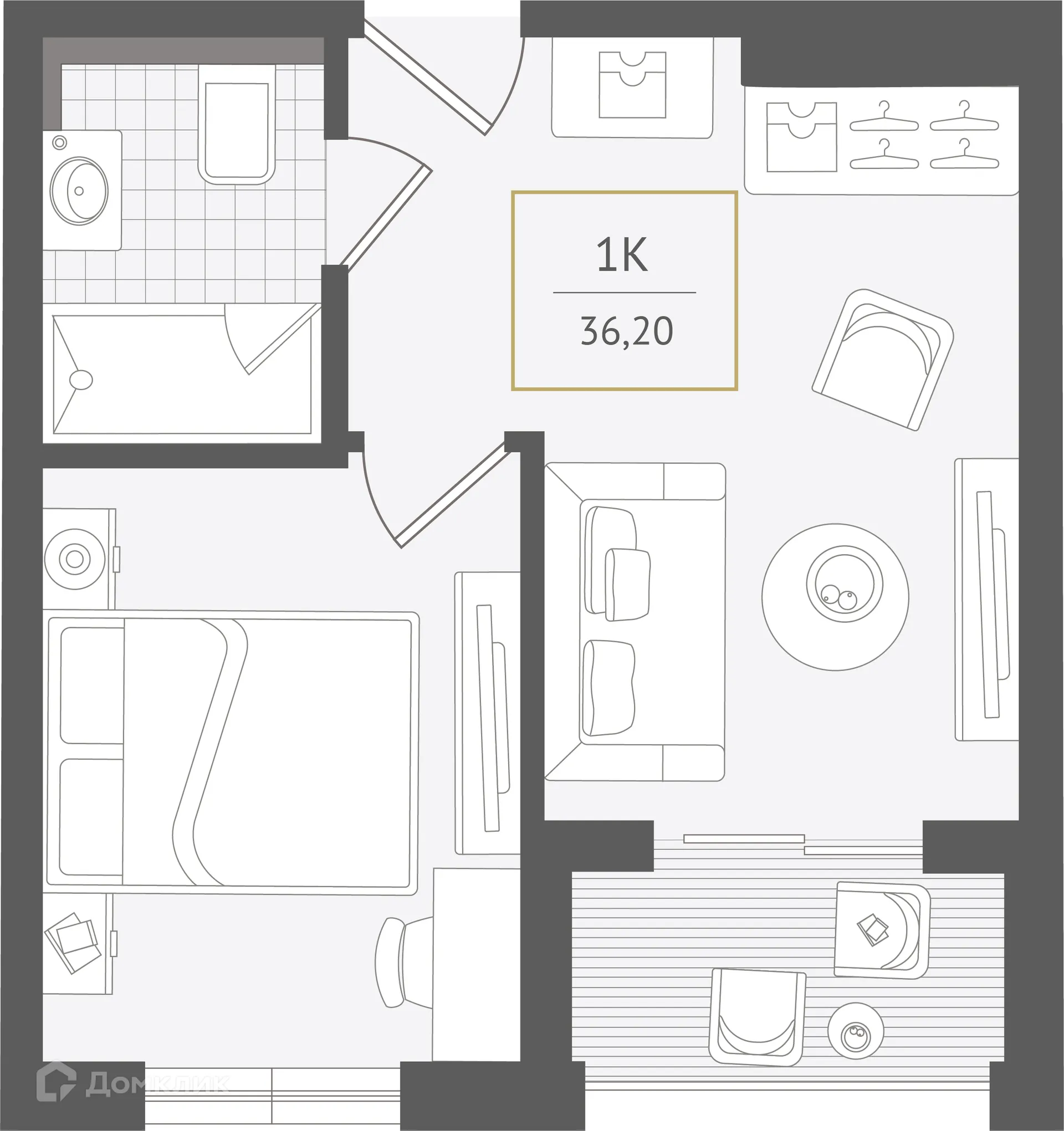 Планировка 1-комнатной квартиры 36.2 м² в ЖК Гостиничный комплекс "Нескучный сад", г. Сочи — фото 1