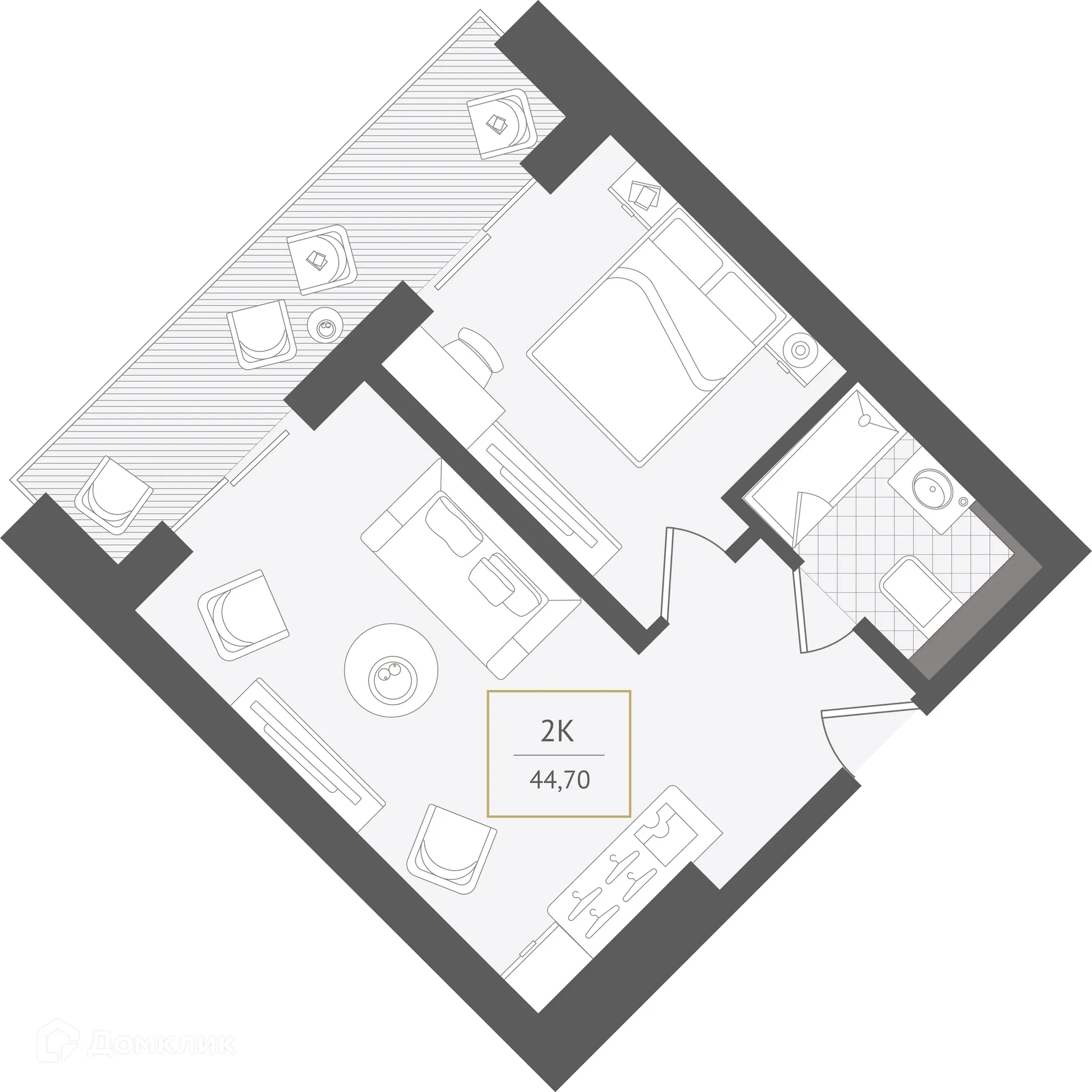 Планировка 2-комнатной квартиры 44.7 м² в ЖК Гостиничный комплекс "Нескучный сад", г. Сочи — фото 1