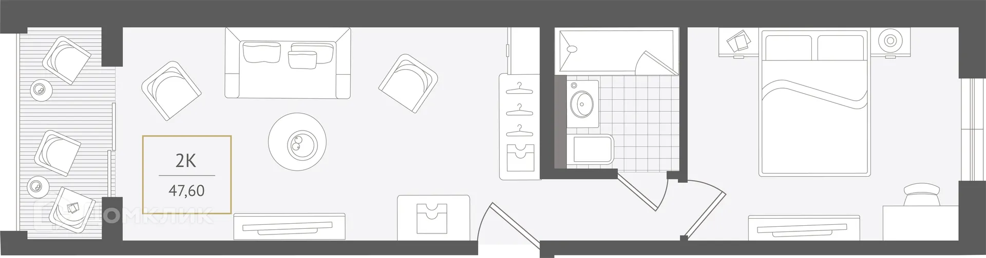 Планировка 2-комнатной квартиры 47.6 м² в ЖК Гостиничный комплекс "Нескучный сад", г. Сочи — фото 1