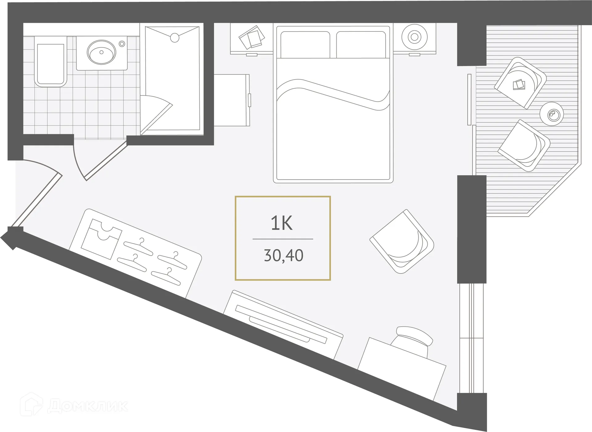 Планировка 1-комнатной квартиры 30.4 м² в ЖК Гостиничный комплекс "Нескучный сад", г. Сочи — фото 1