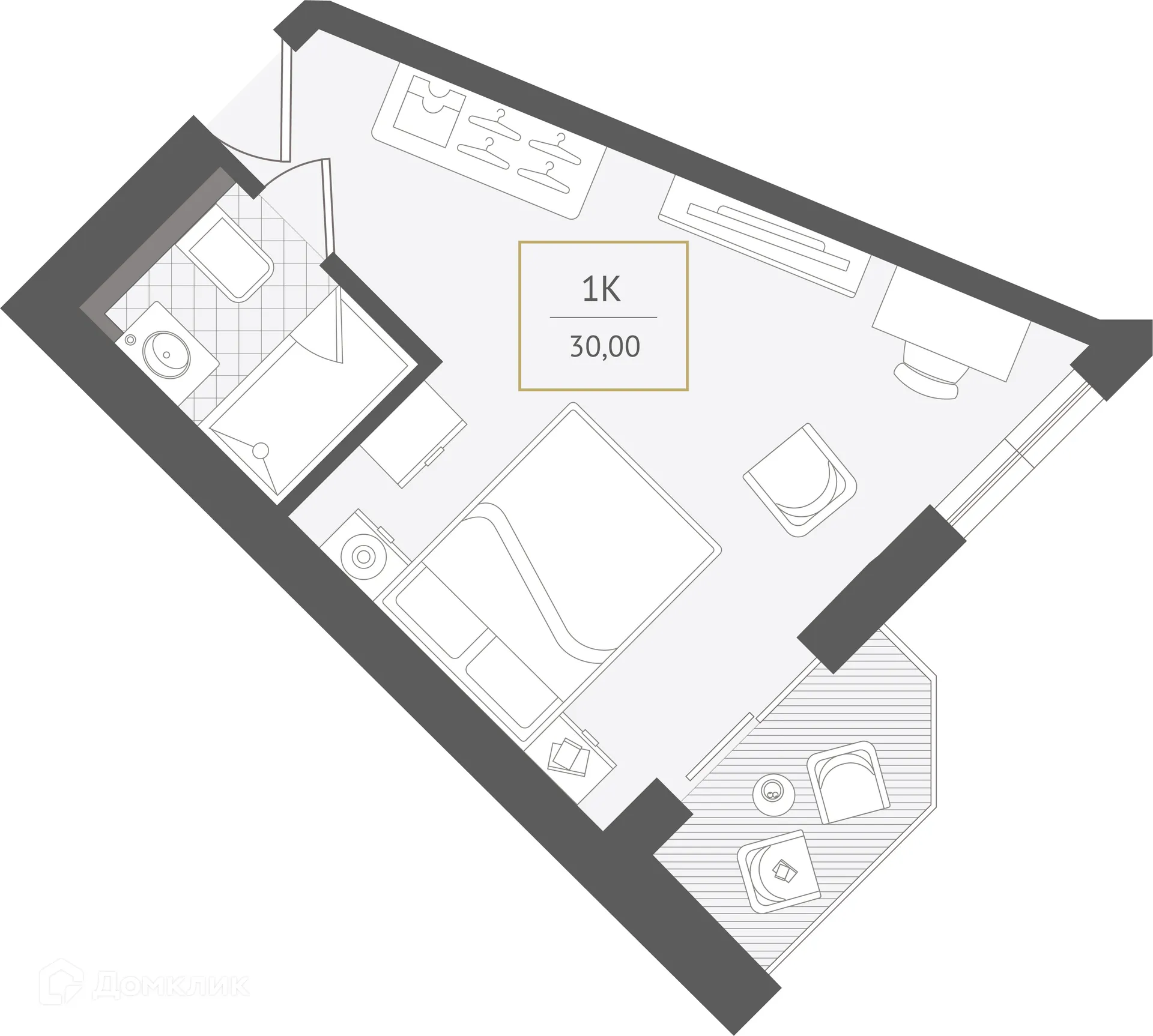 Планировка 1-комнатной квартиры 30 м² в ЖК Гостиничный комплекс "Нескучный сад", г. Сочи — фото 1