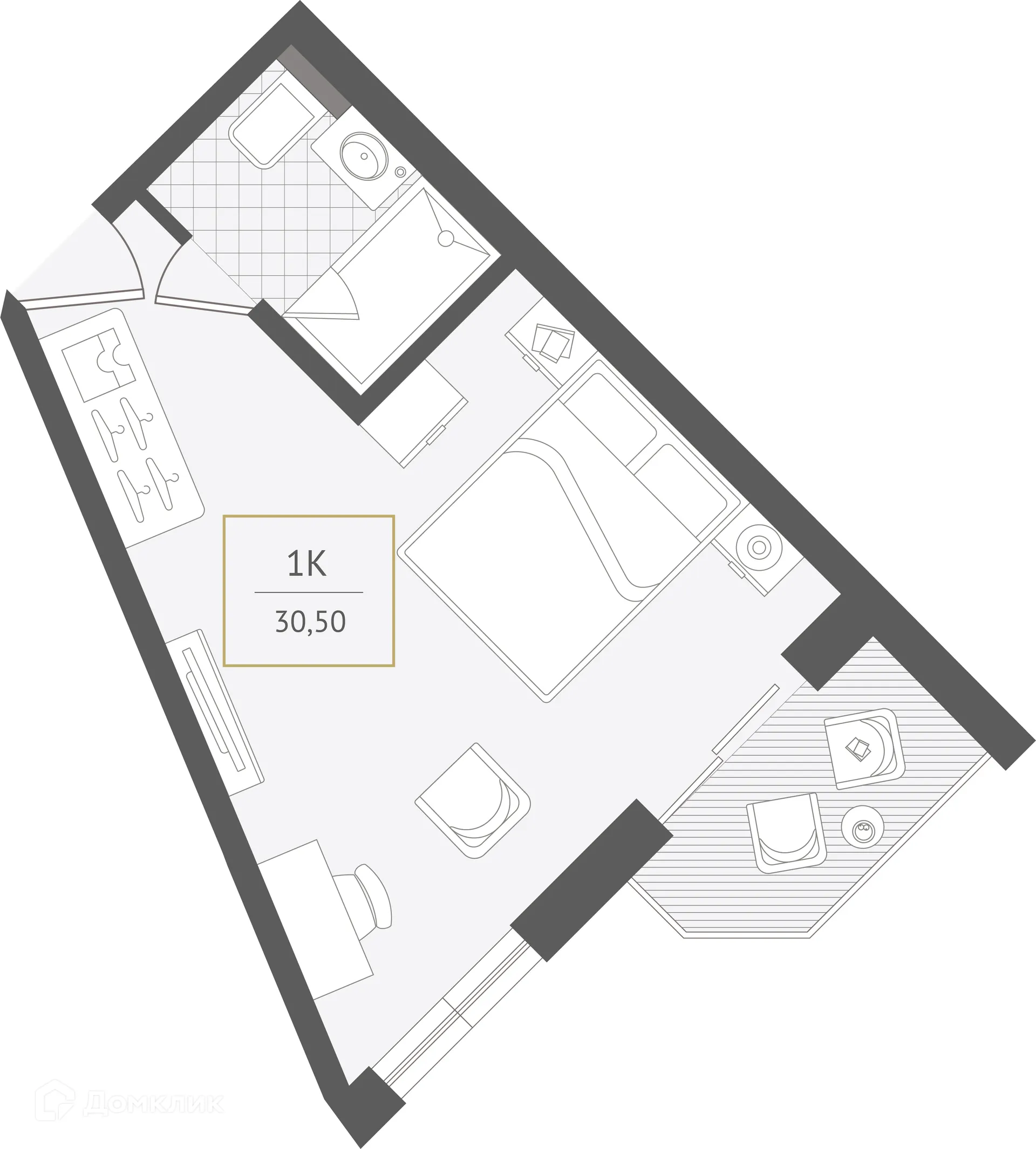 Планировка 1-комнатной квартиры 30.5 м² в ЖК Гостиничный комплекс "Нескучный сад", г. Сочи — фото 1