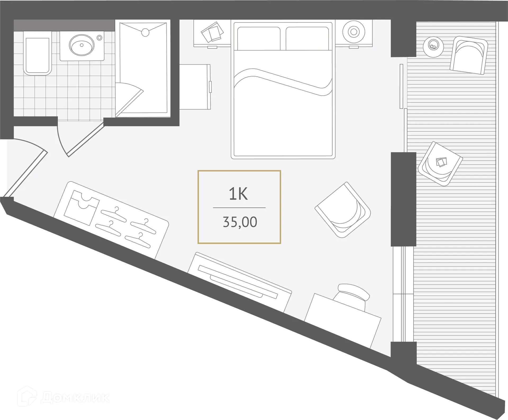 Планировка 1-комнатной квартиры 35 м² в ЖК Гостиничный комплекс "Нескучный сад", г. Сочи — фото 1