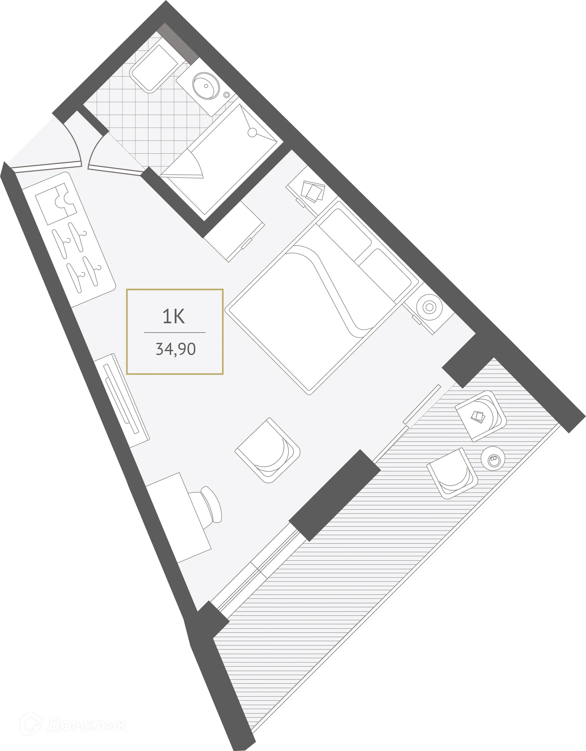 Планировка 1-комнатной квартиры 34.9 м² в ЖК Гостиничный комплекс "Нескучный сад", г. Сочи — фото 1