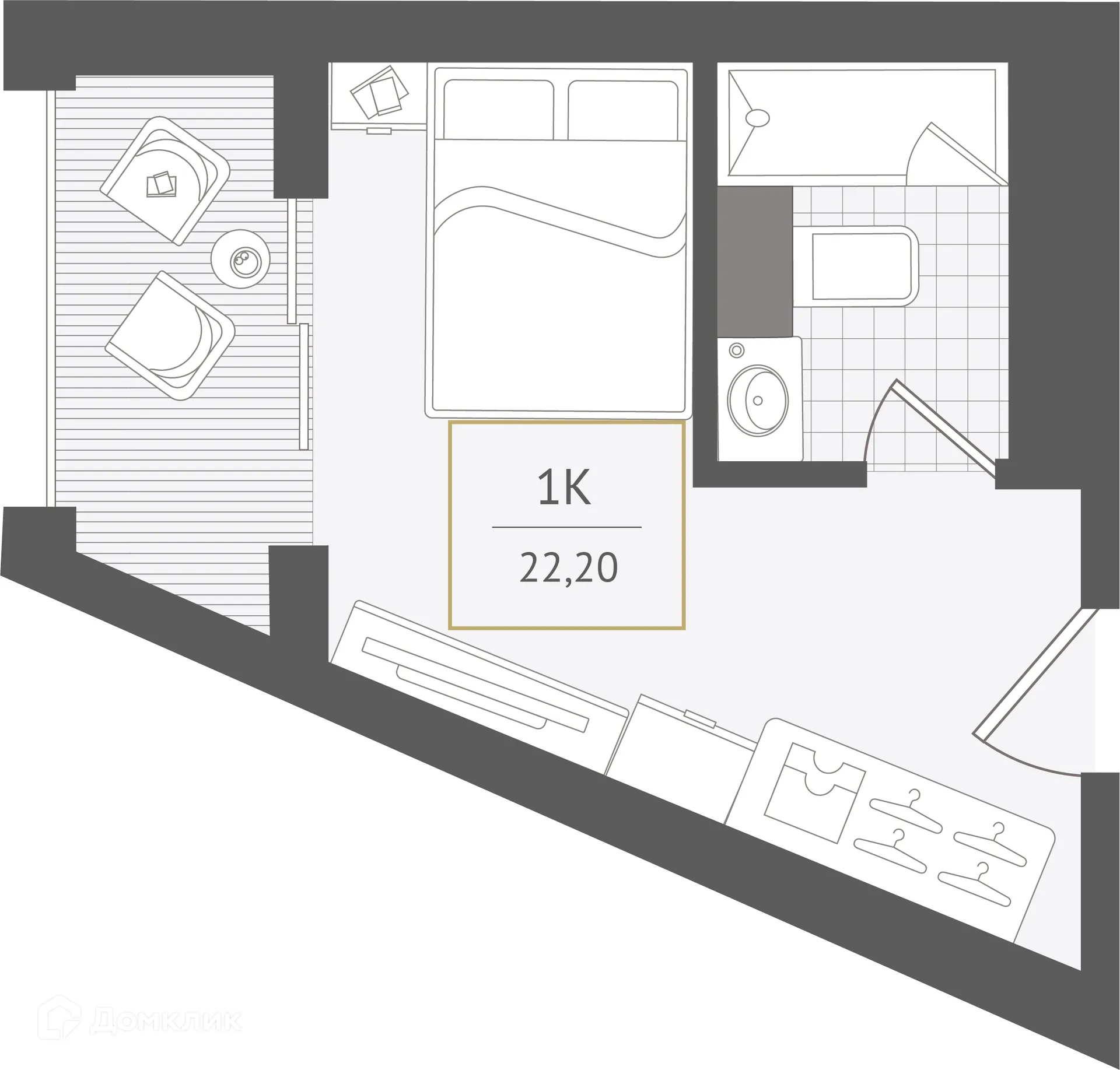 Планировка 1-комнатной квартиры 22.2 м² в ЖК Гостиничный комплекс "Нескучный сад", г. Сочи — фото 1