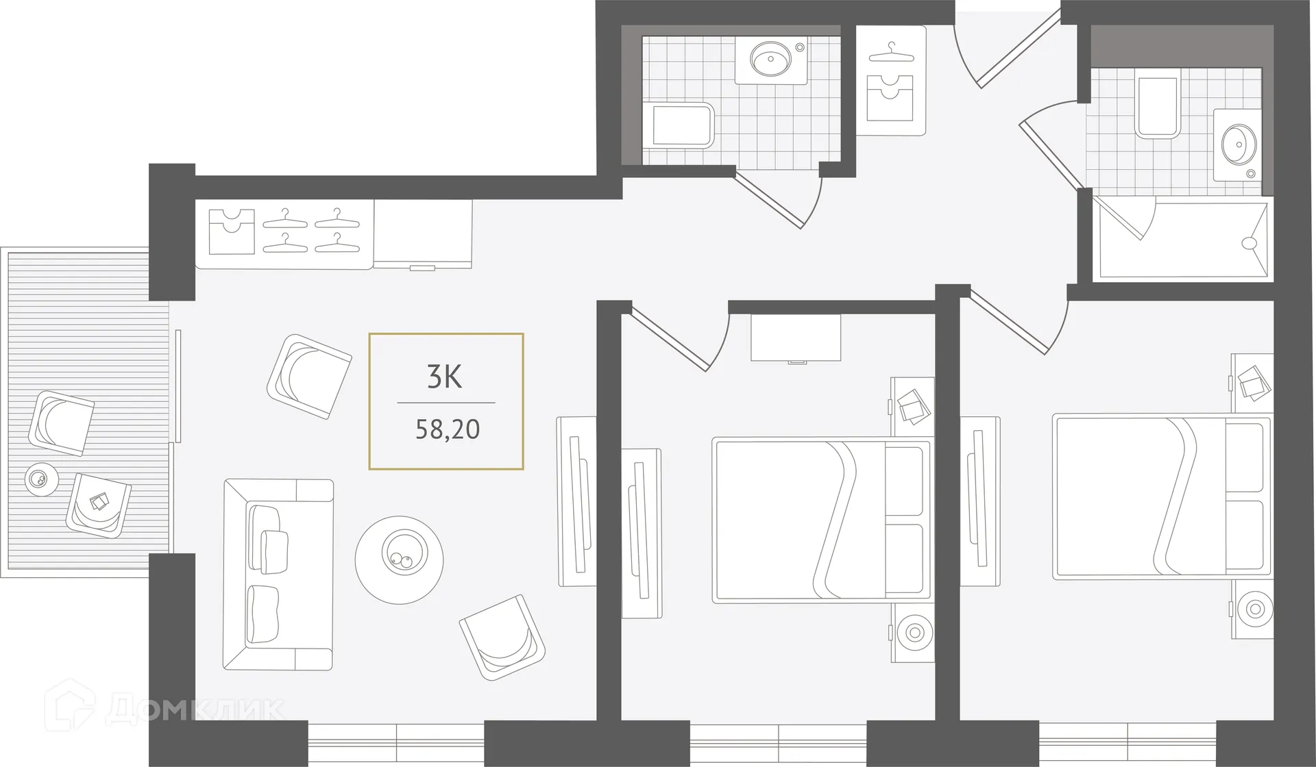 Планировка 3-комнатной квартиры 58.2 м² в ЖК Гостиничный комплекс "Нескучный сад", г. Сочи — фото 1