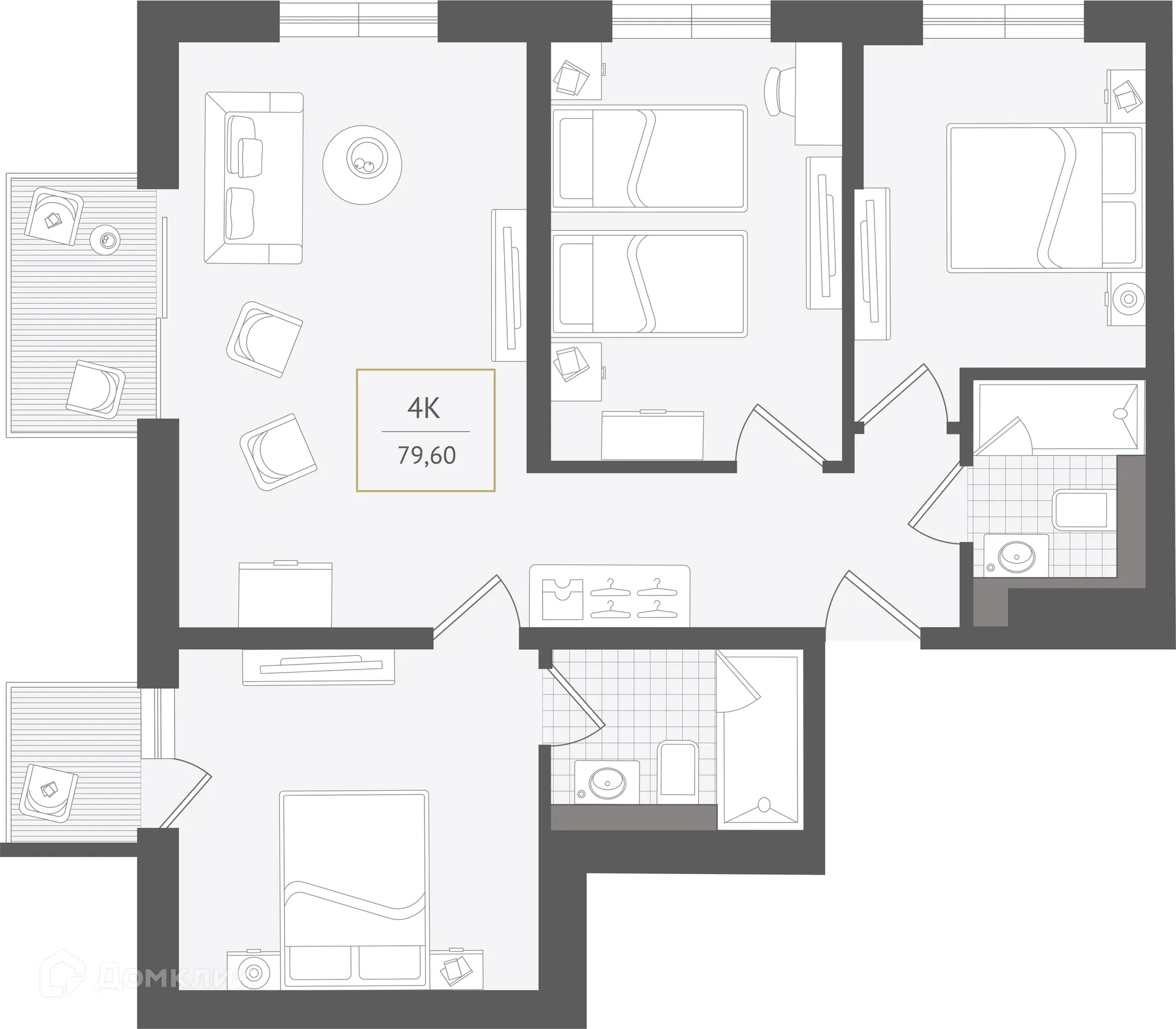 Планировка 4-комнатной квартиры 79.6 м² в ЖК Гостиничный комплекс "Нескучный сад", г. Сочи — фото 1