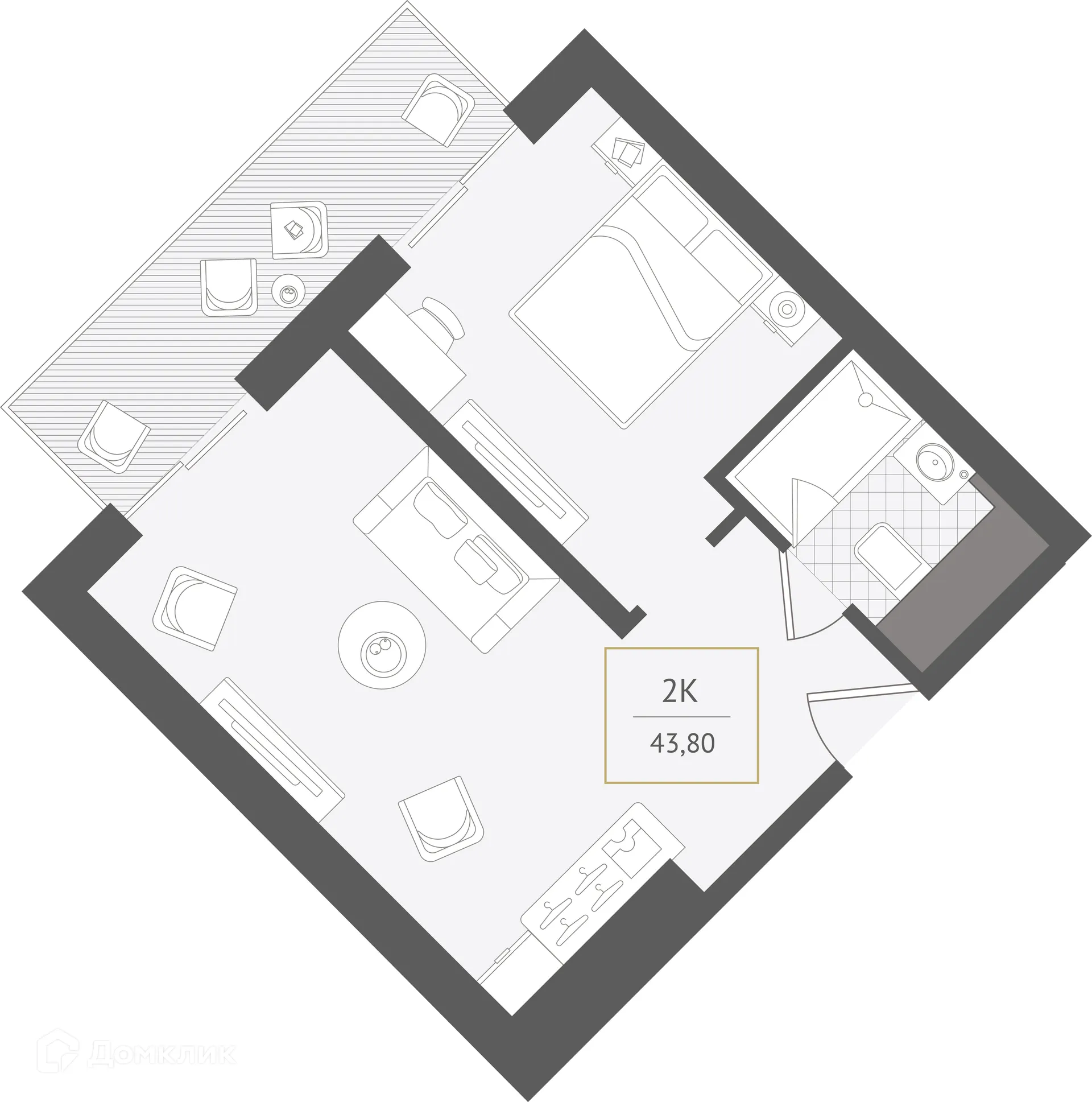 Планировка 2-комнатной квартиры 43.8 м² в ЖК Гостиничный комплекс "Нескучный сад", г. Сочи — фото 1