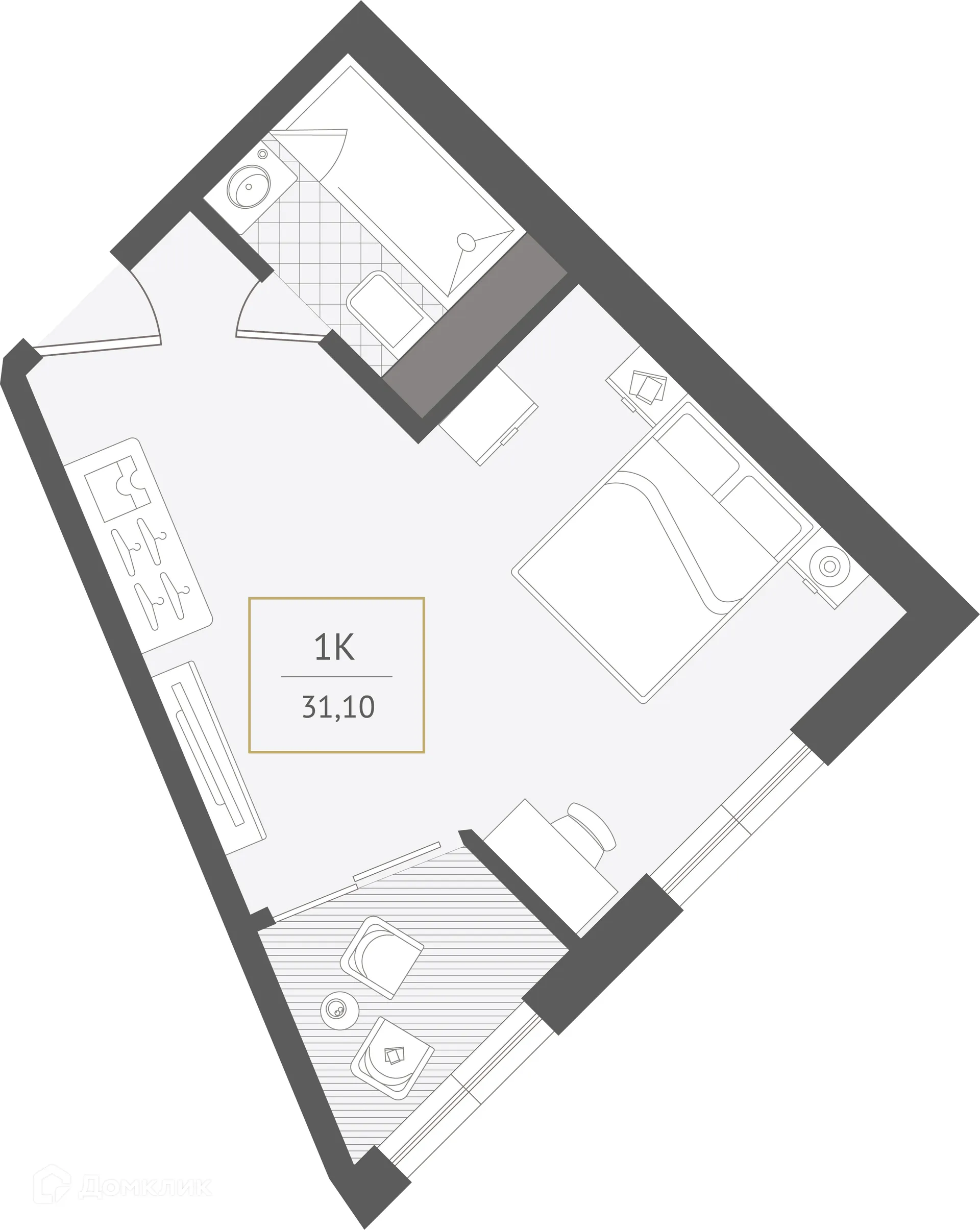 Планировка 1-комнатной квартиры 31.1 м² в ЖК Гостиничный комплекс "Нескучный сад", г. Сочи — фото 1