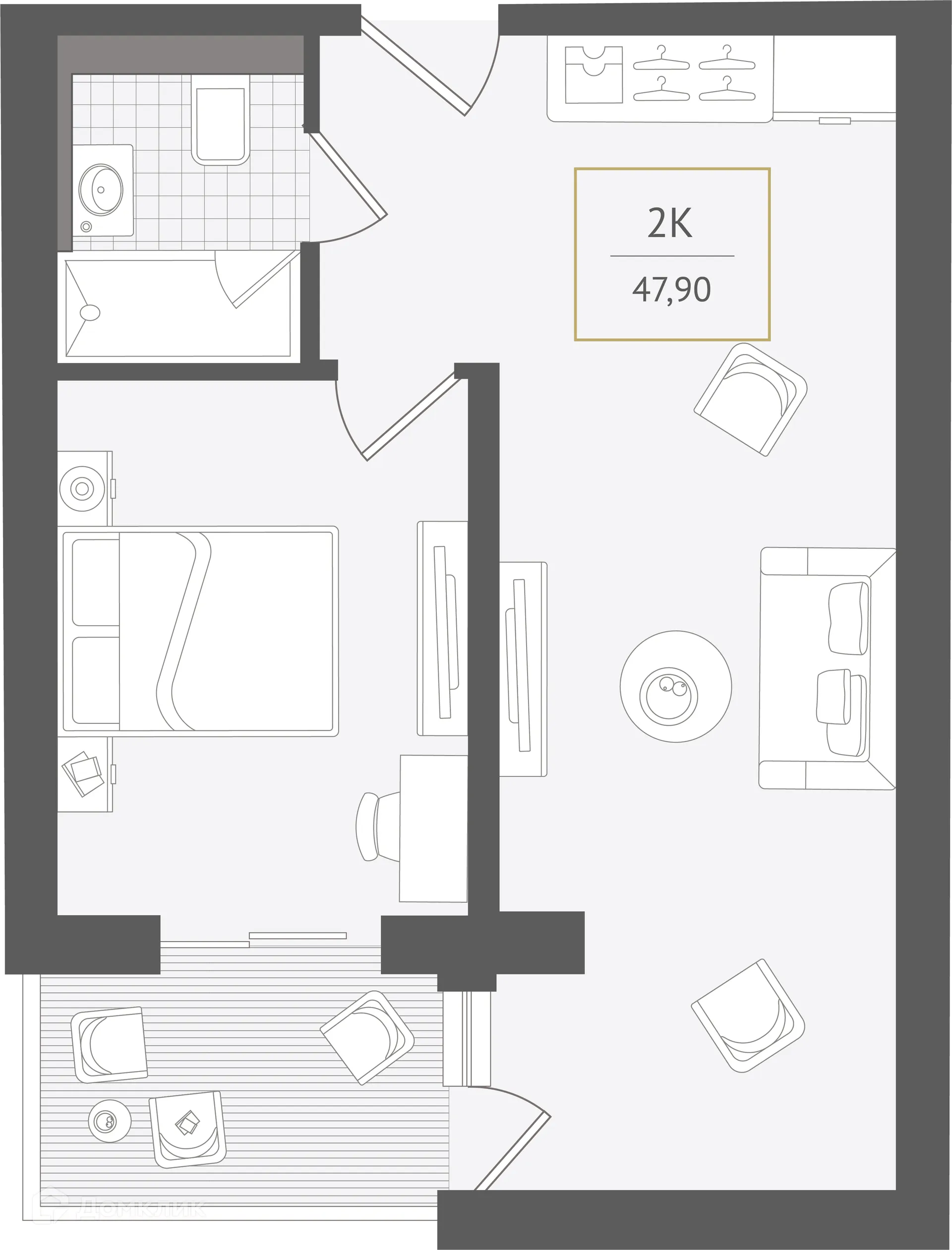 Планировка 2-комнатной квартиры 47.9 м² в ЖК Гостиничный комплекс "Нескучный сад", г. Сочи — фото 1