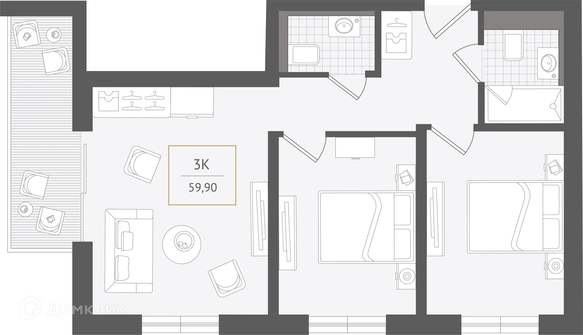 Планировка 3-комнатной квартиры 59.9 м² в ЖК Гостиничный комплекс "Нескучный сад", г. Сочи — фото 1