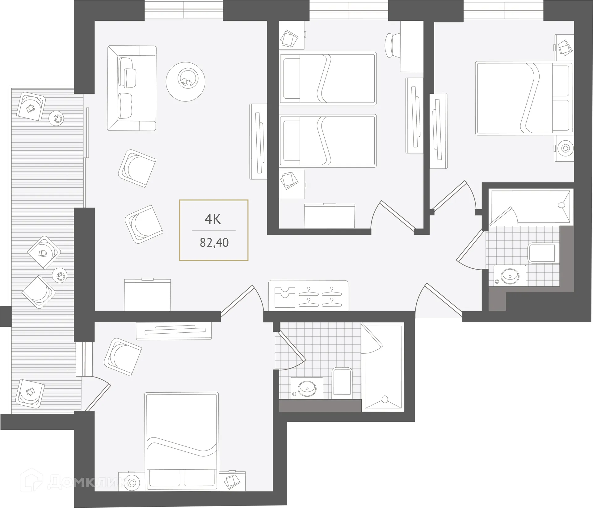 Планировка 4-комнатной квартиры 82.4 м² в ЖК Гостиничный комплекс "Нескучный сад", г. Сочи — фото 1