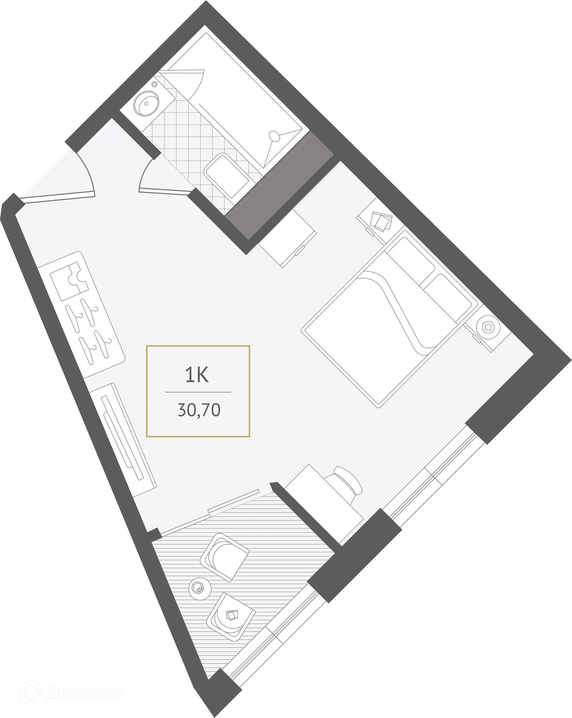 Планировка 1-комнатной квартиры 30.7 м² в ЖК Гостиничный комплекс "Нескучный сад", г. Сочи — фото 1