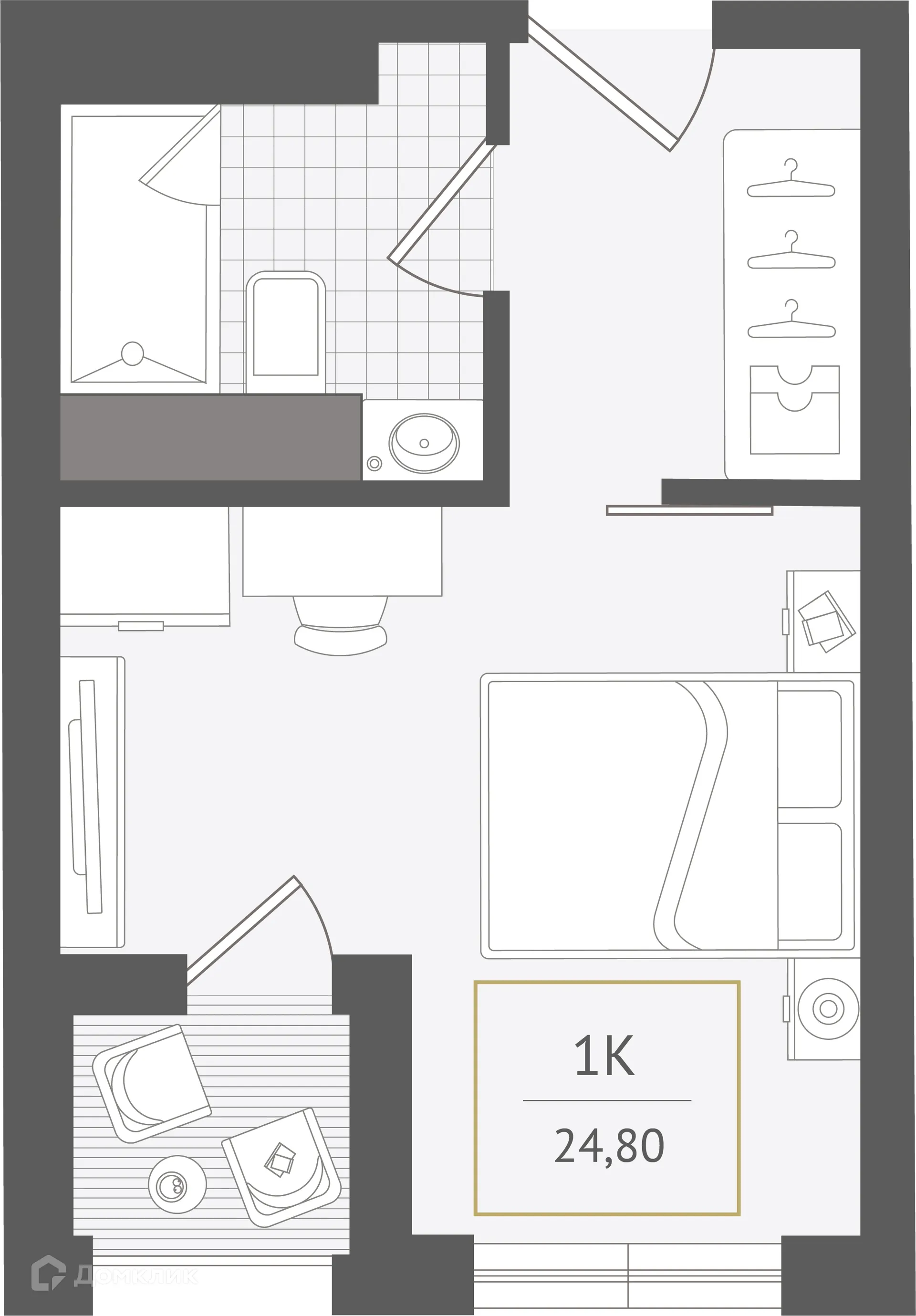Планировка 1-комнатной квартиры 24.8 м² в ЖК Гостиничный комплекс "Нескучный сад", г. Сочи — фото 1