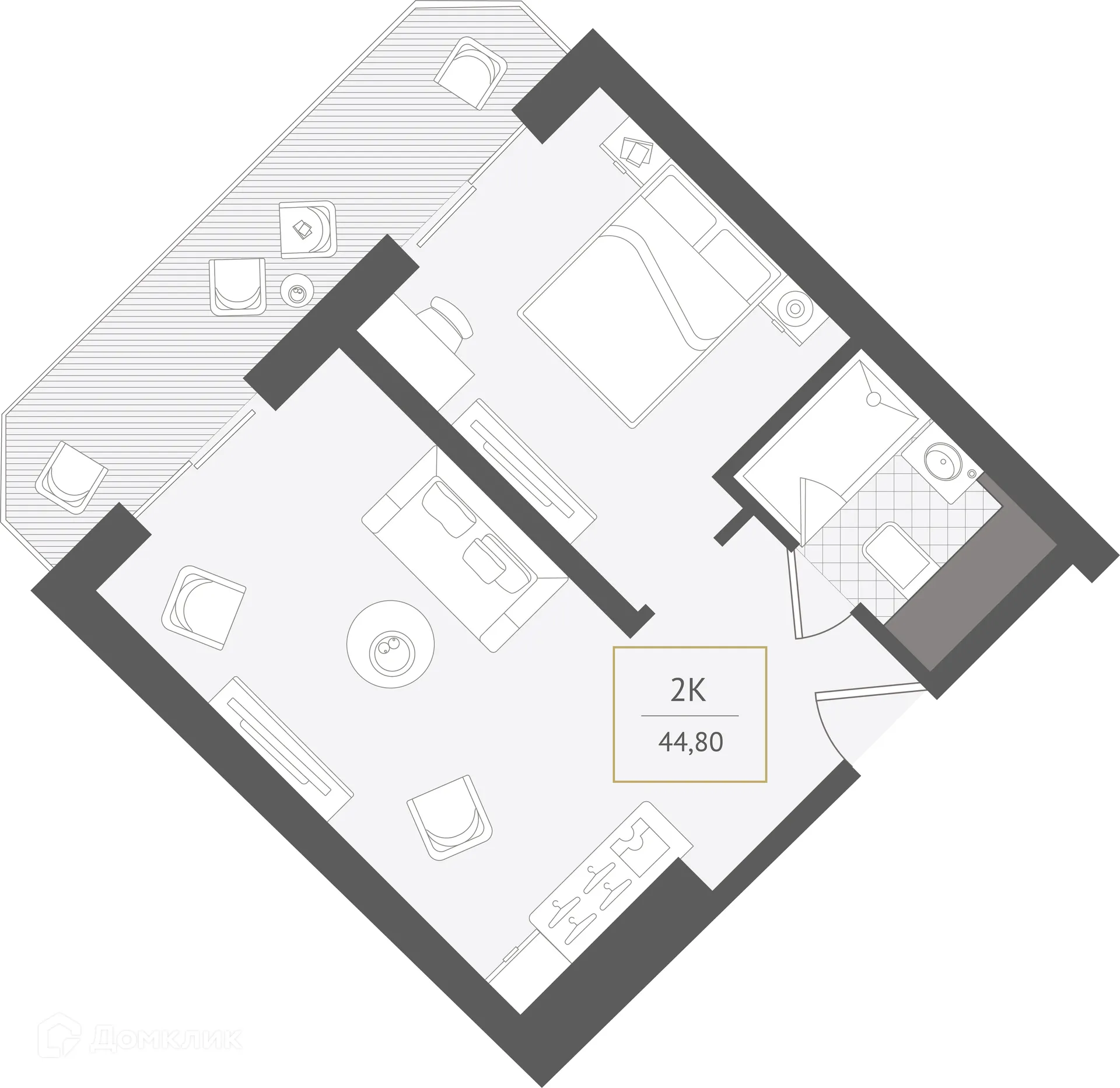 Планировка 2-комнатной квартиры 44.8 м² в ЖК Гостиничный комплекс "Нескучный сад", г. Сочи — фото 1