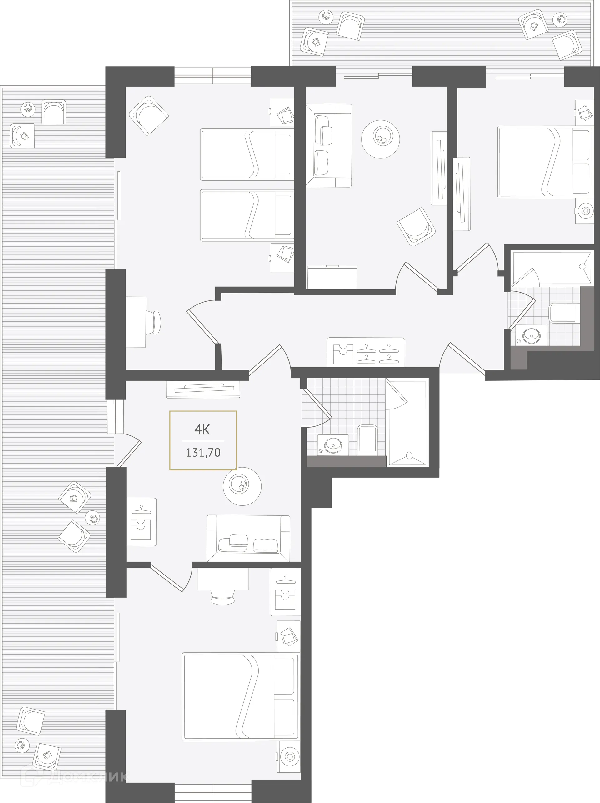 Планировка 4-комнатной квартиры 131.7 м² в ЖК Гостиничный комплекс "Нескучный сад", г. Сочи — фото 1