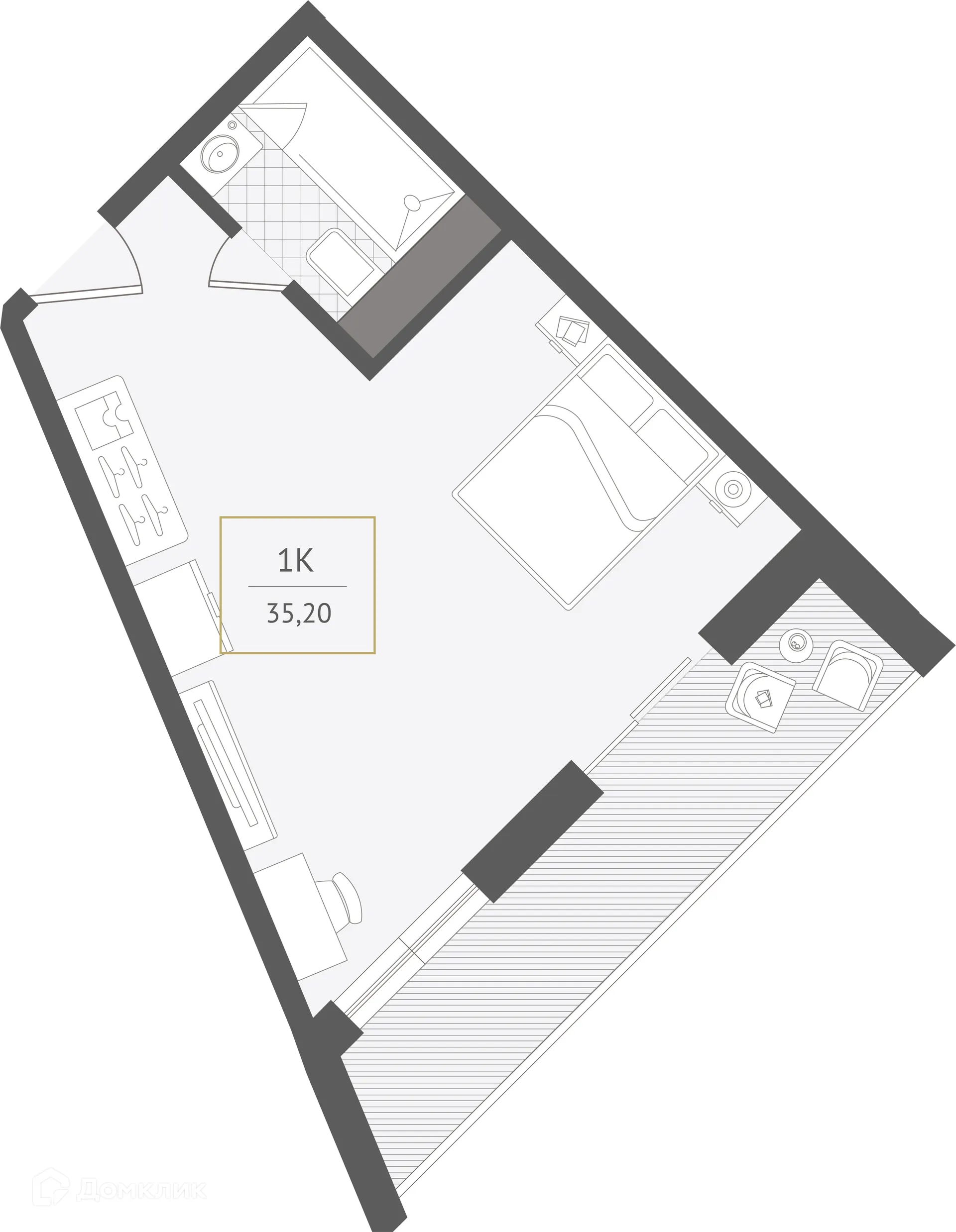 Планировка 1-комнатной квартиры 35.2 м² в ЖК Гостиничный комплекс "Нескучный сад", г. Сочи — фото 1