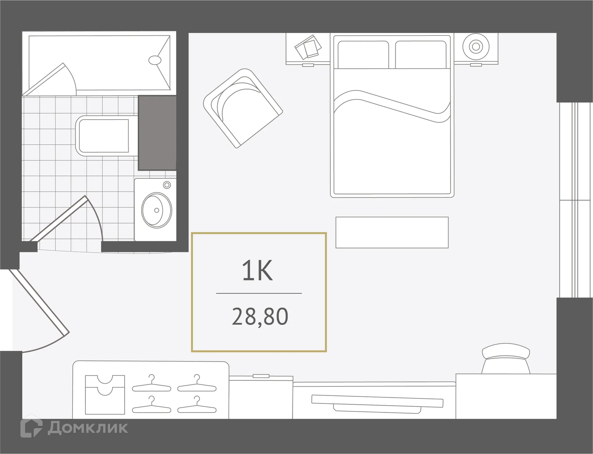 Планировка 1-комнатной квартиры 28.8 м² в ЖК Гостиничный комплекс "Нескучный сад", г. Сочи — фото 1