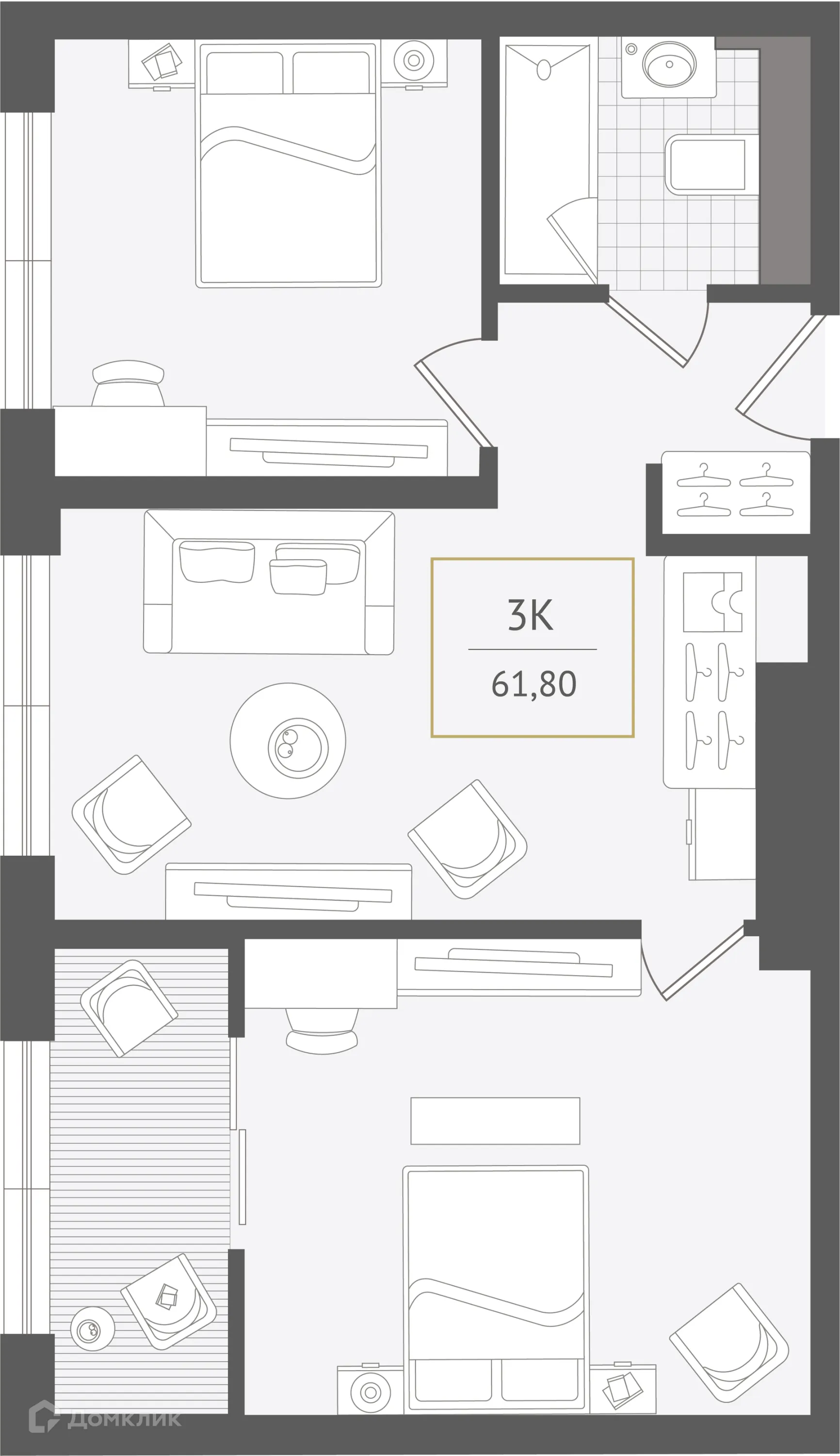 Планировка 3-комнатной квартиры 61.8 м² в ЖК Гостиничный комплекс "Нескучный сад", г. Сочи — фото 1