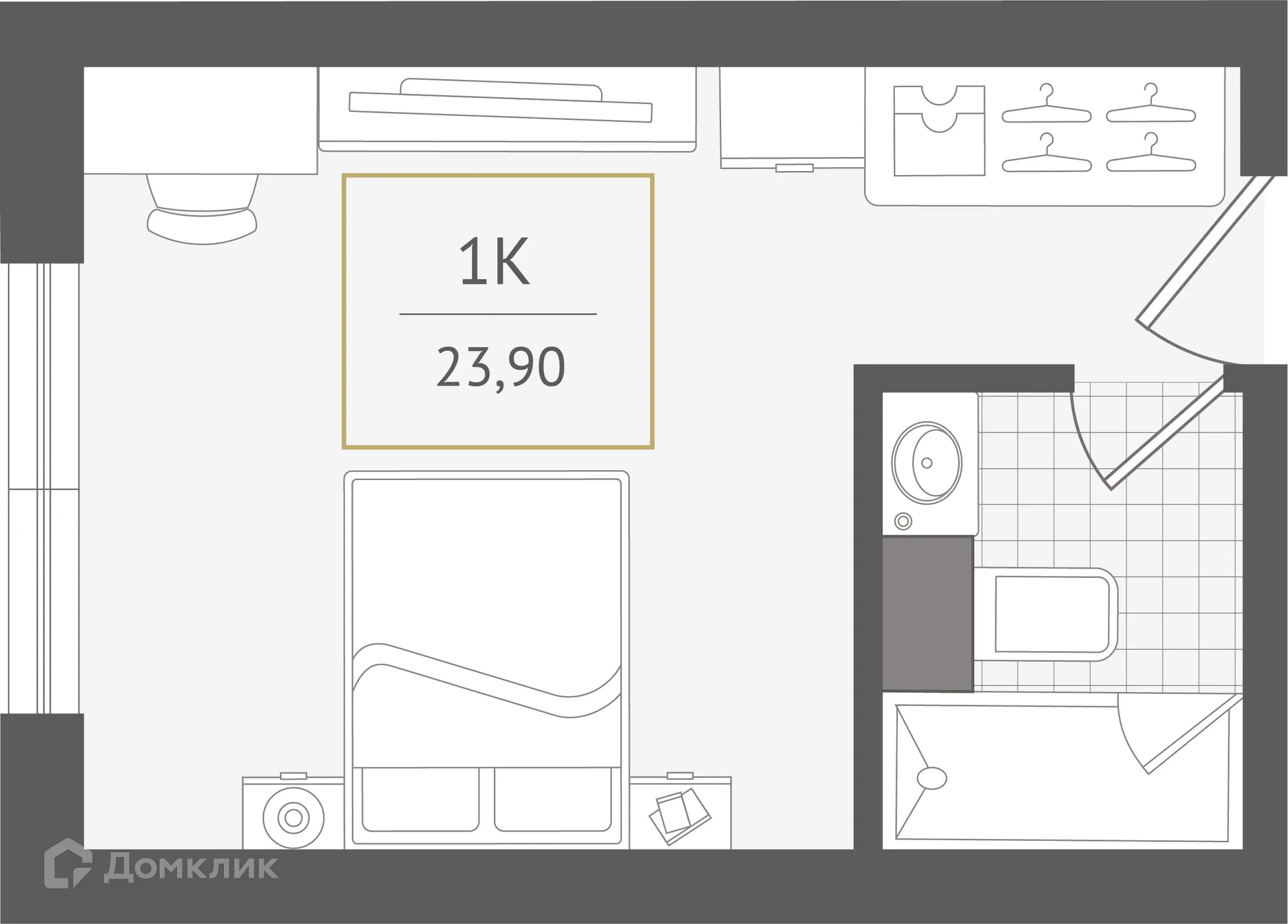 Планировка 1-комнатной квартиры 23.9 м² в ЖК Гостиничный комплекс "Нескучный сад", г. Сочи — фото 1