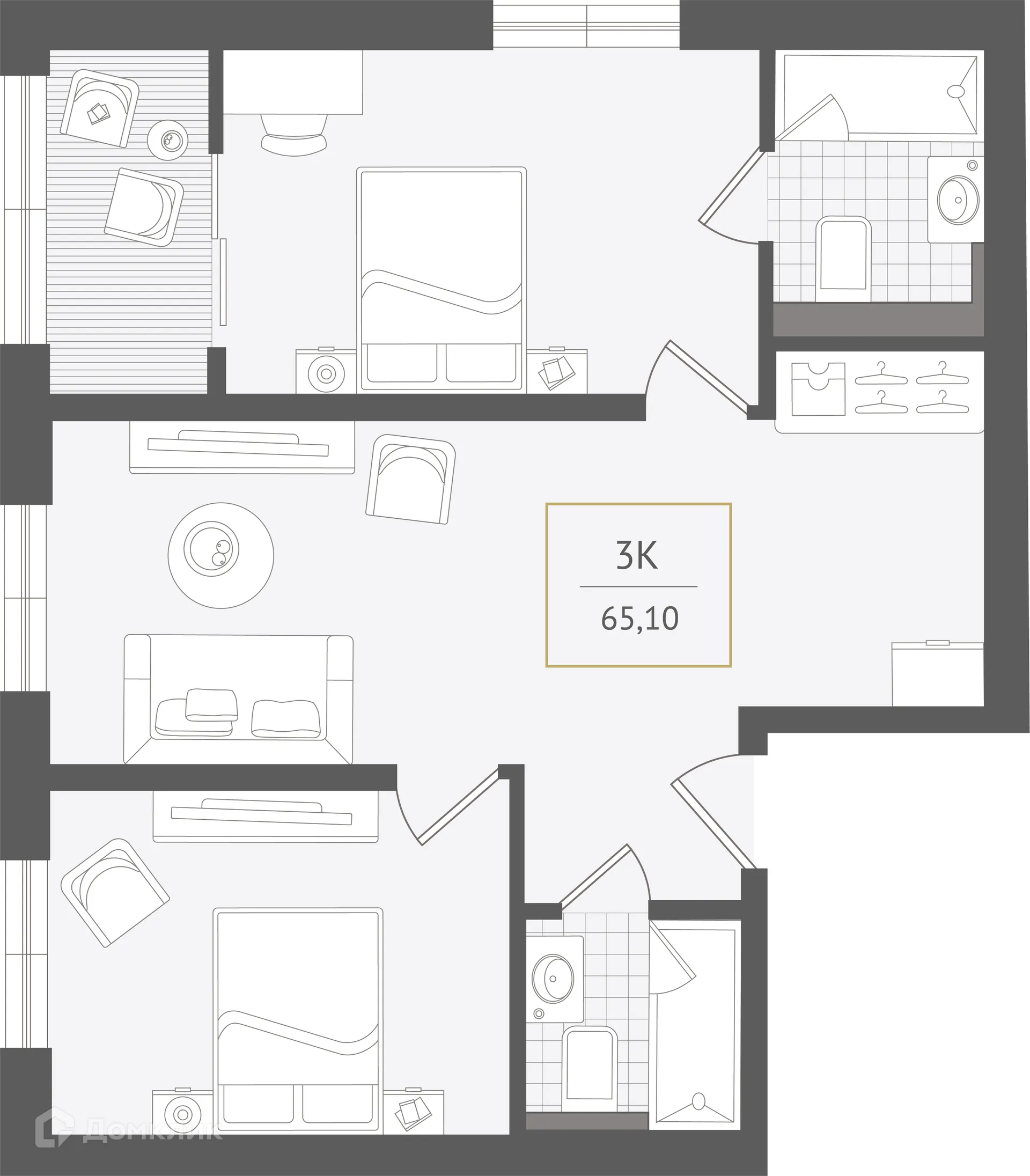 Планировка 3-комнатной квартиры 65.1 м² в ЖК Гостиничный комплекс "Нескучный сад", г. Сочи — фото 1