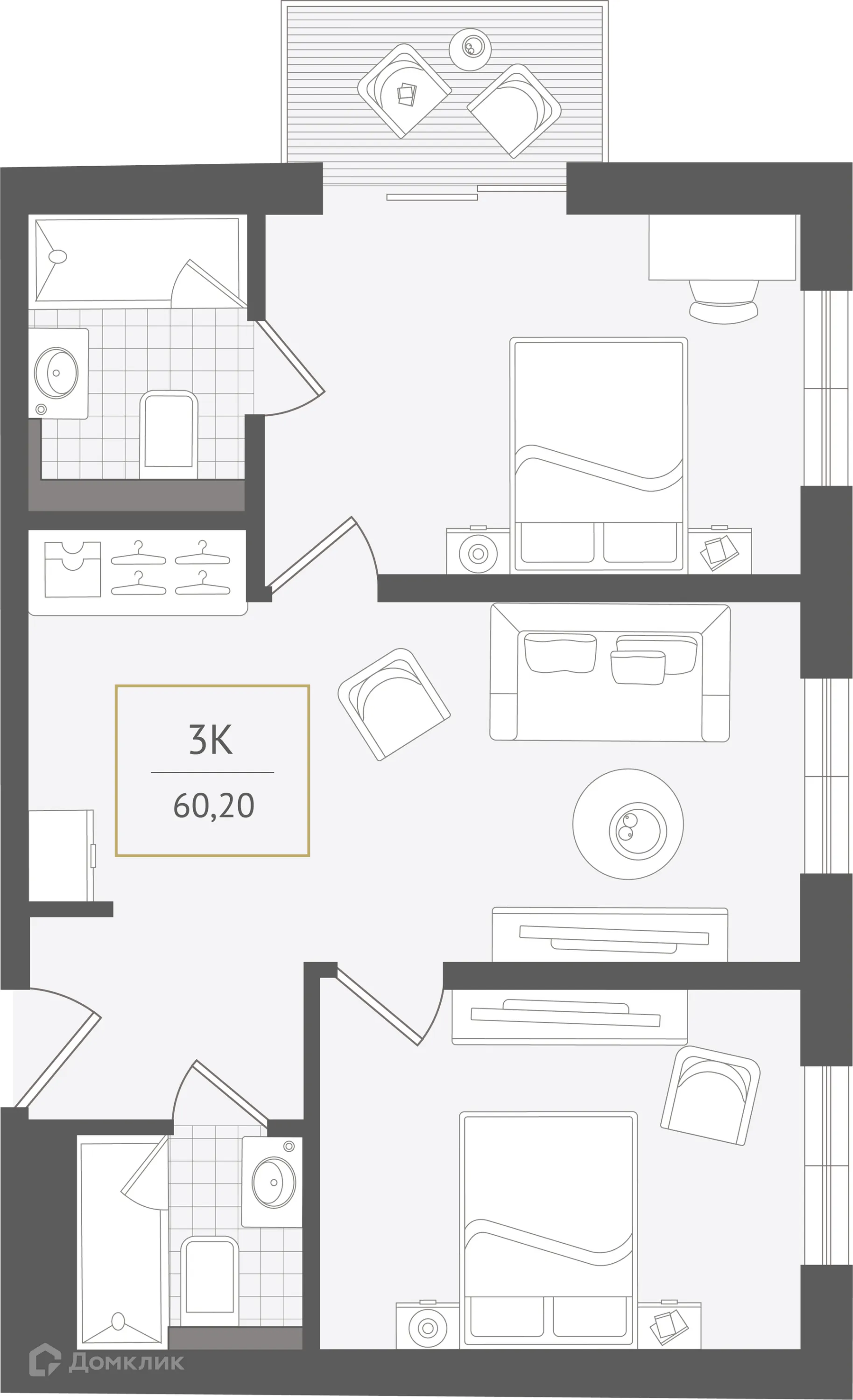Планировка 3-комнатной квартиры 60.2 м² в ЖК Гостиничный комплекс "Нескучный сад", г. Сочи — фото 1