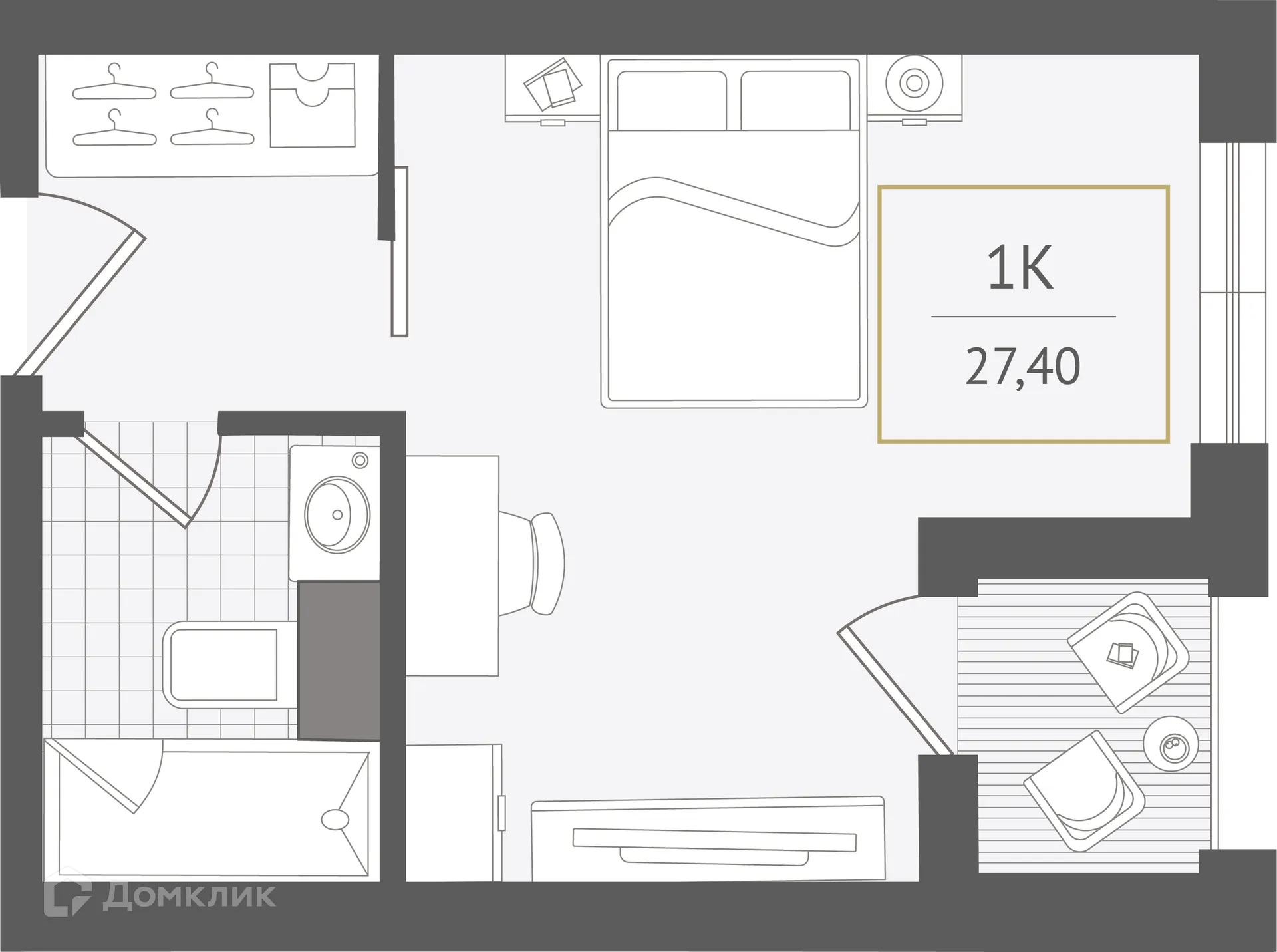 Планировка 1-комнатной квартиры 27.4 м² в ЖК Гостиничный комплекс "Нескучный сад", г. Сочи — фото 1