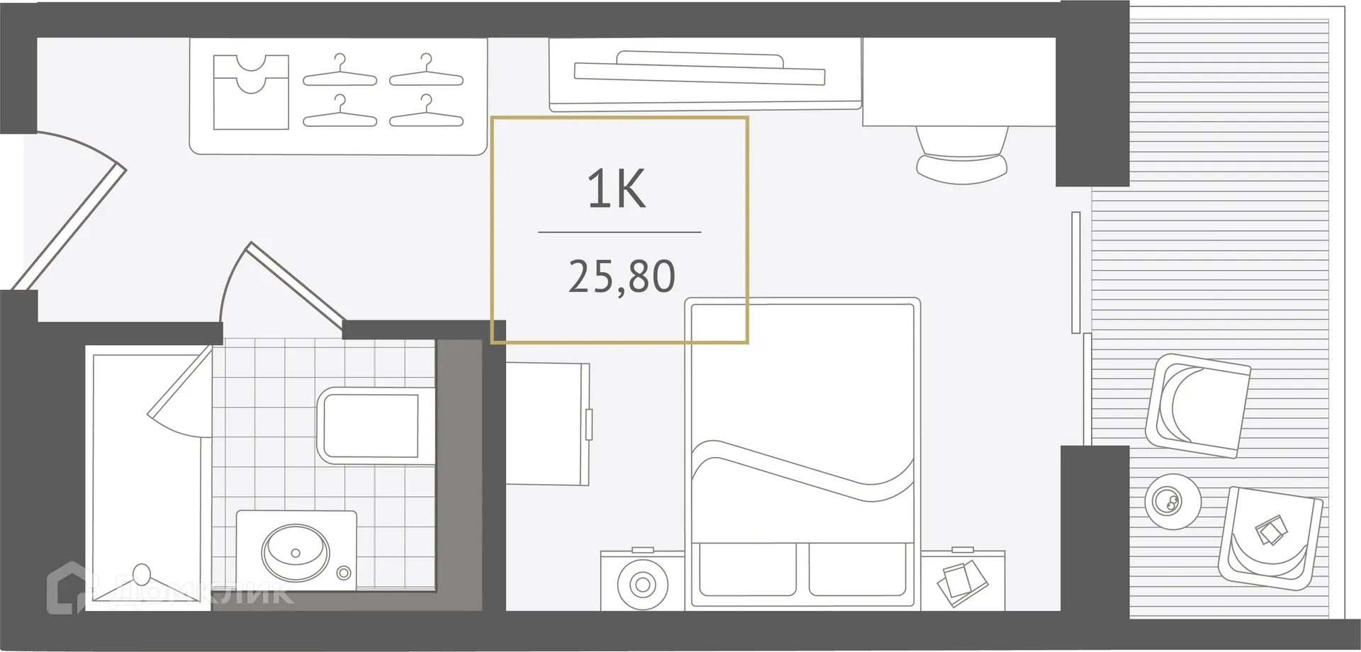 Планировка 1-комнатной квартиры 25.8 м² в ЖК Гостиничный комплекс "Нескучный сад", г. Сочи — фото 1