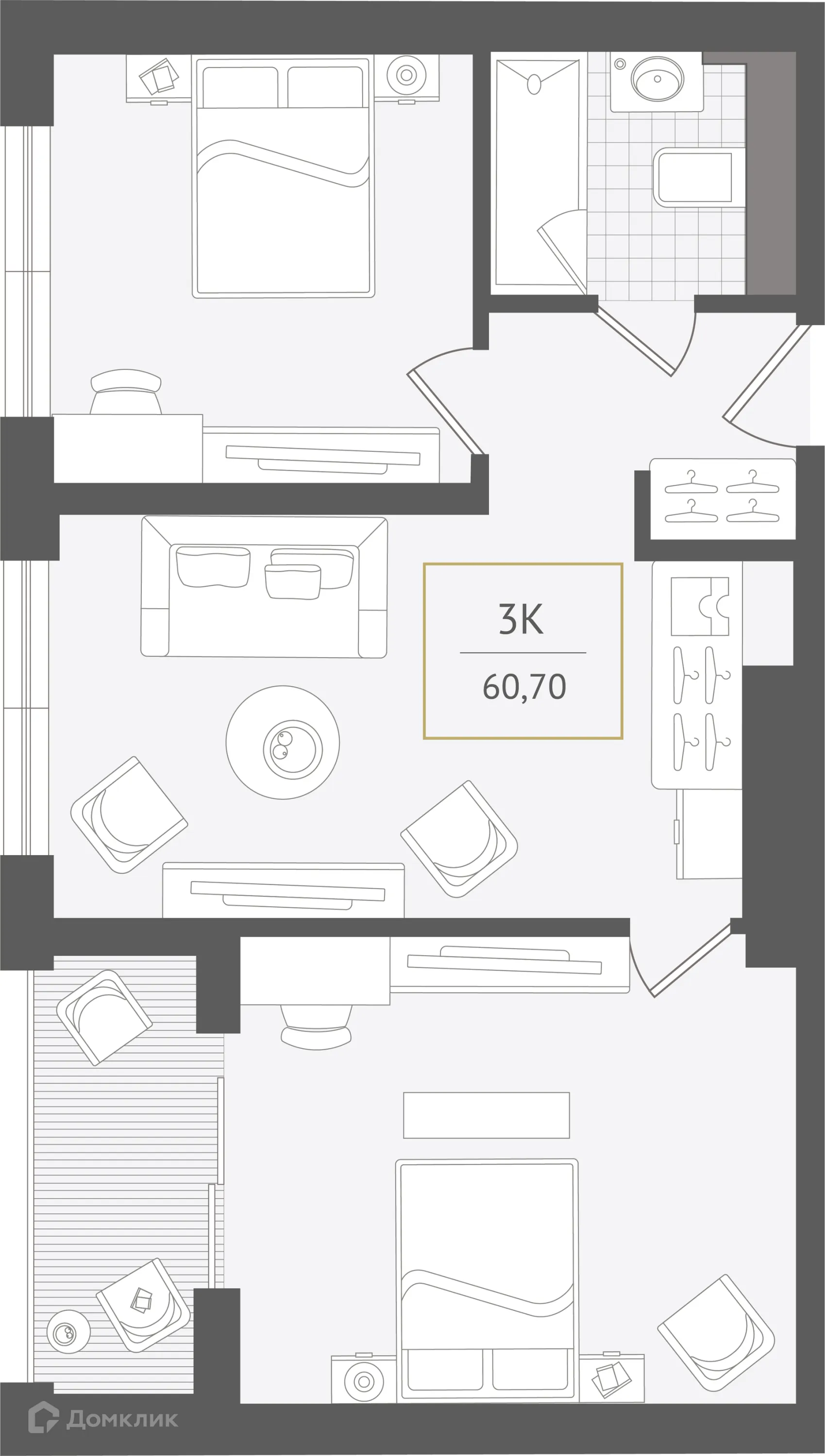 Планировка 3-комнатной квартиры 60.7 м² в ЖК Гостиничный комплекс "Нескучный сад", г. Сочи — фото 1