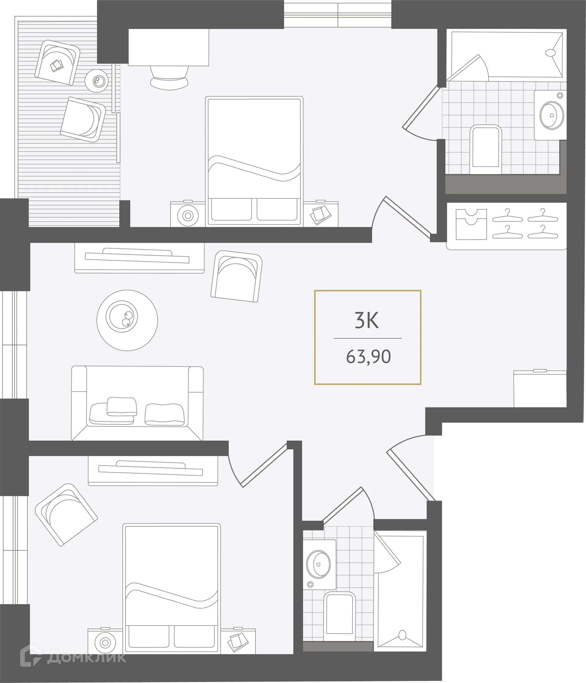 Планировка 3-комнатной квартиры 63.9 м² в ЖК Гостиничный комплекс "Нескучный сад", г. Сочи — фото 1