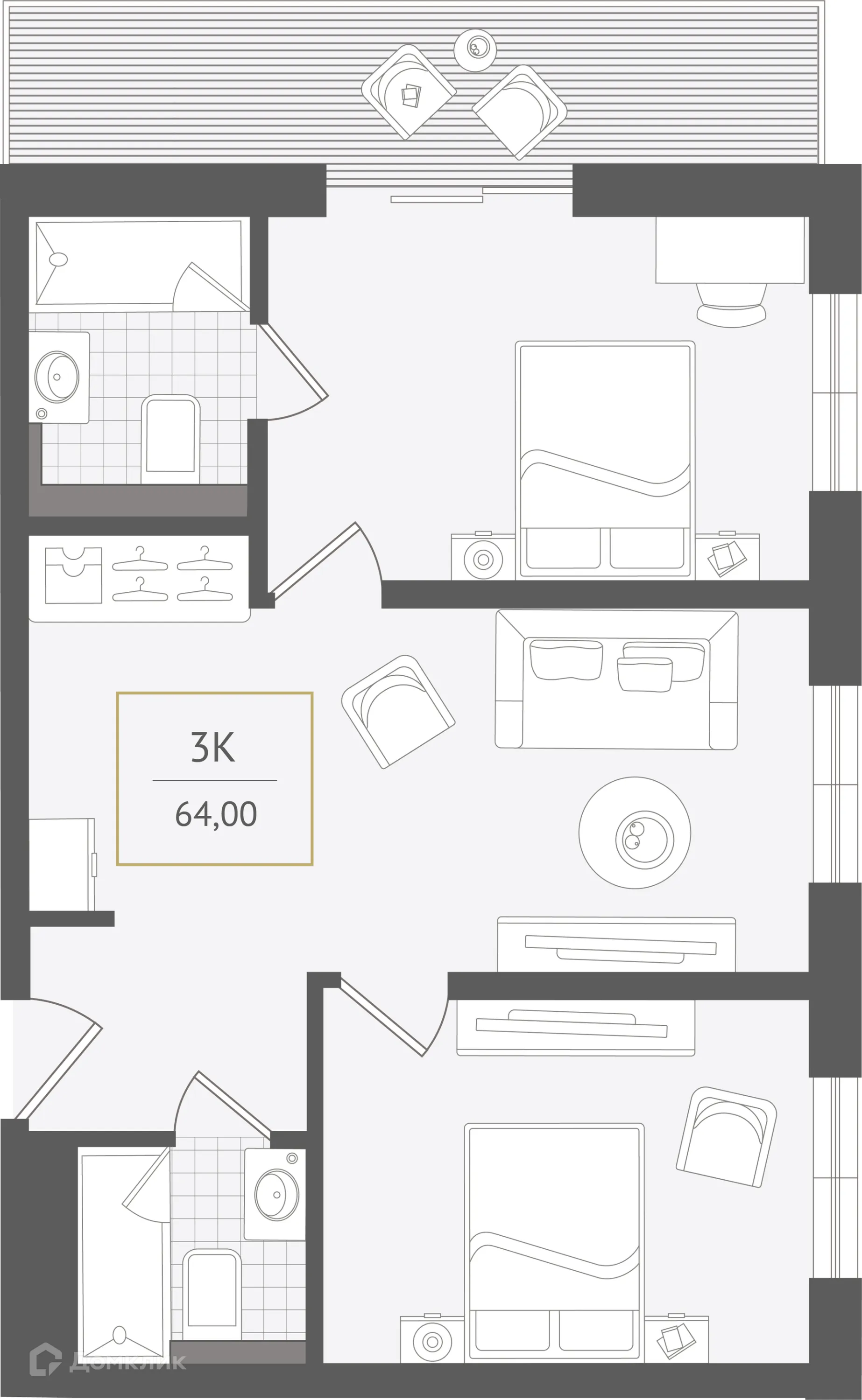 Планировка 3-комнатной квартиры 64 м² в ЖК Гостиничный комплекс "Нескучный сад", г. Сочи — фото 1