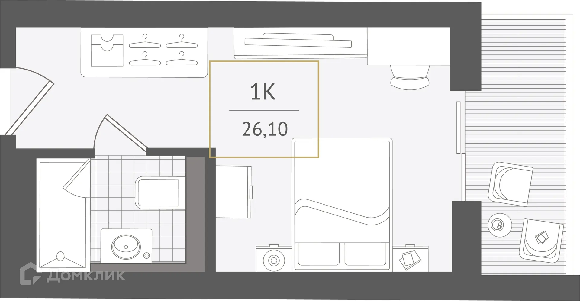 Планировка 1-комнатной квартиры 26.1 м² в ЖК Гостиничный комплекс "Нескучный сад", г. Сочи — фото 1