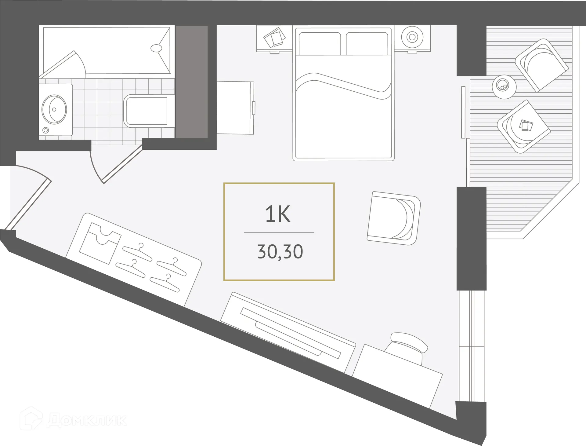 Планировка 1-комнатной квартиры 30.3 м² в ЖК Гостиничный комплекс "Нескучный сад", г. Сочи — фото 1