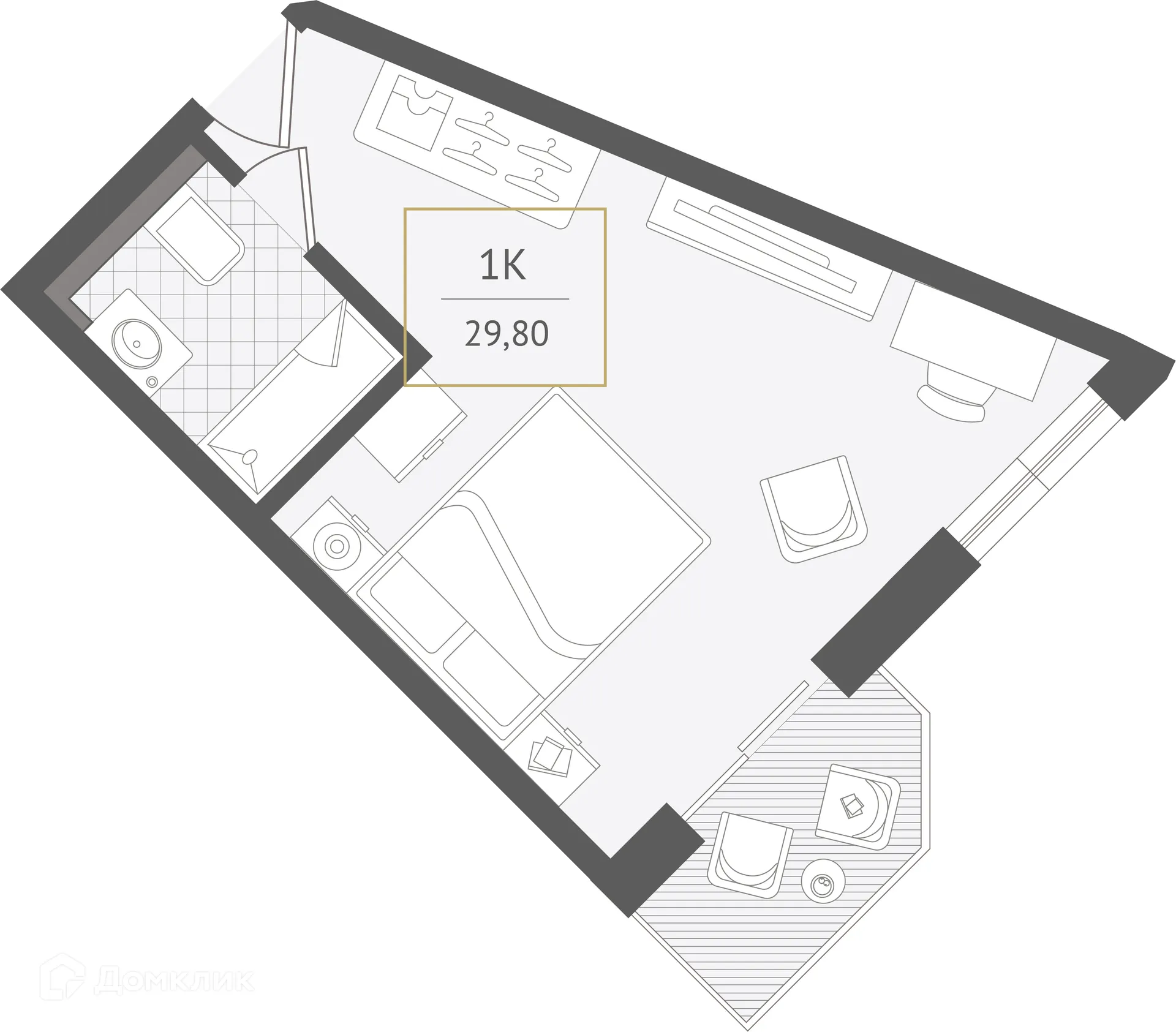 Планировка 1-комнатной квартиры 29.8 м² в ЖК Гостиничный комплекс "Нескучный сад", г. Сочи — фото 1