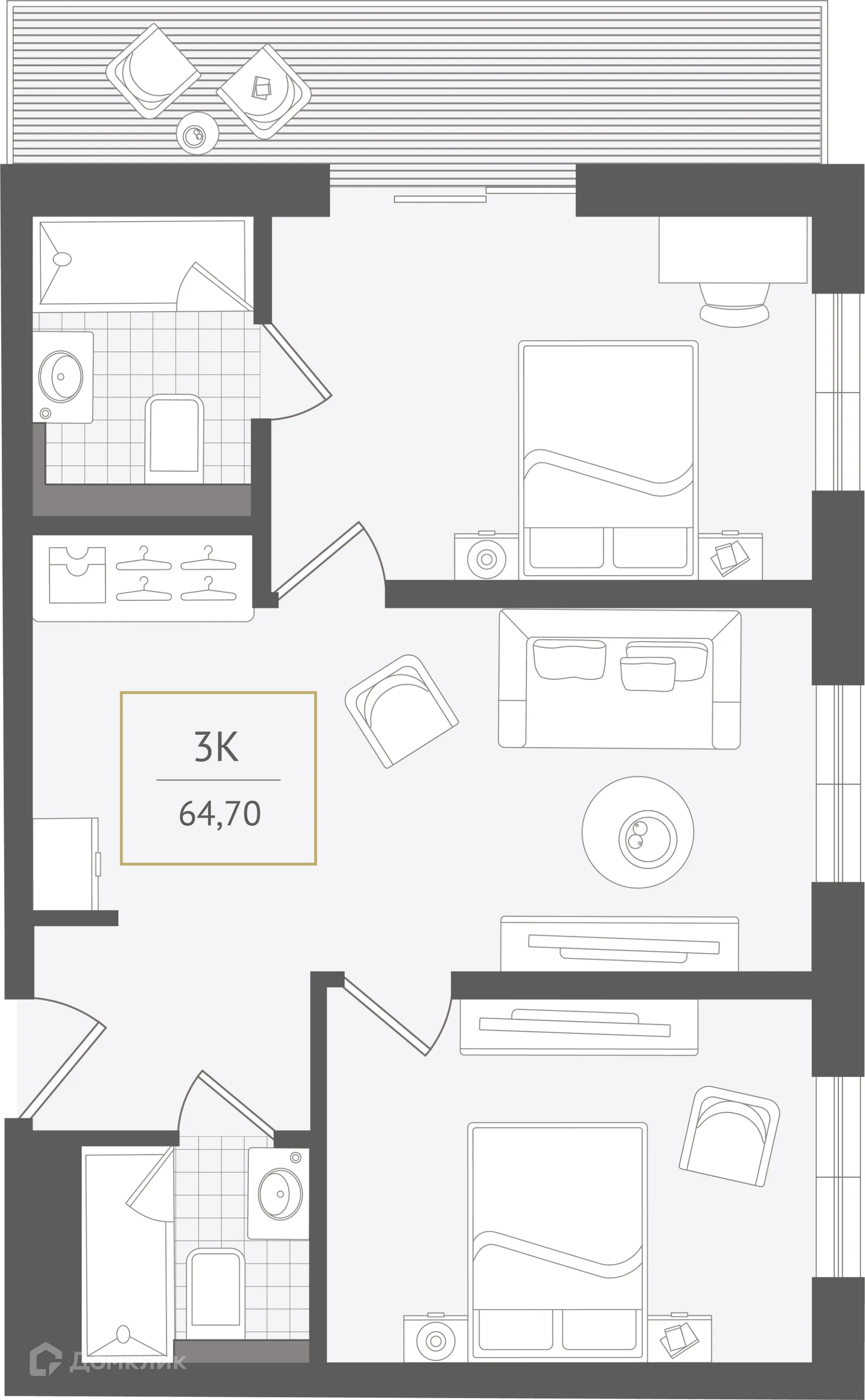 Планировка 3-комнатной квартиры 64.7 м² в ЖК Гостиничный комплекс "Нескучный сад", г. Сочи — фото 1