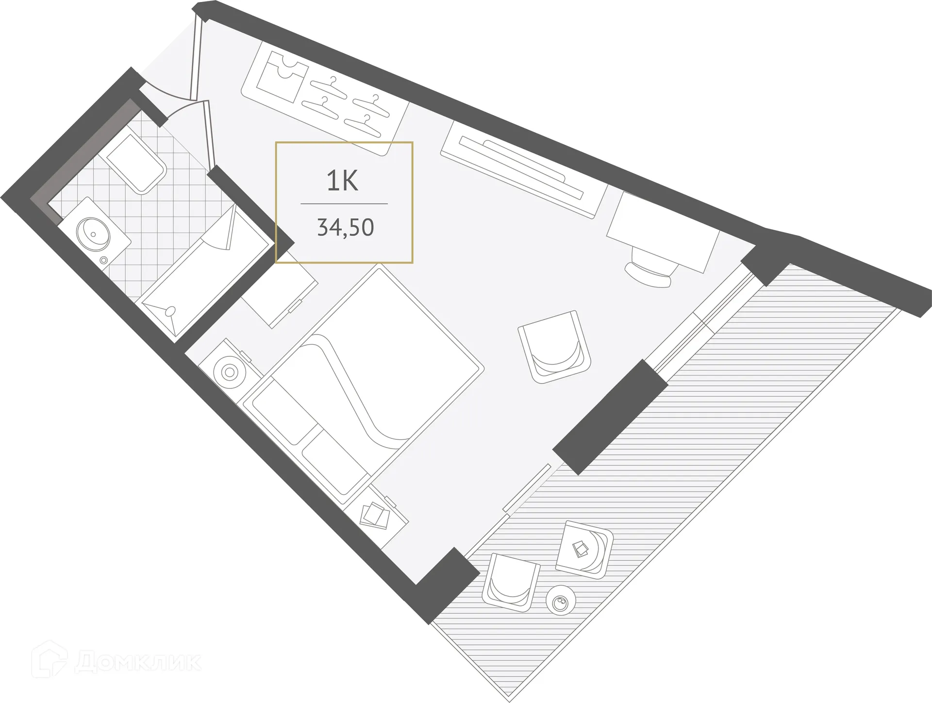 Планировка 1-комнатной квартиры 34.5 м² в ЖК Гостиничный комплекс "Нескучный сад", г. Сочи — фото 1