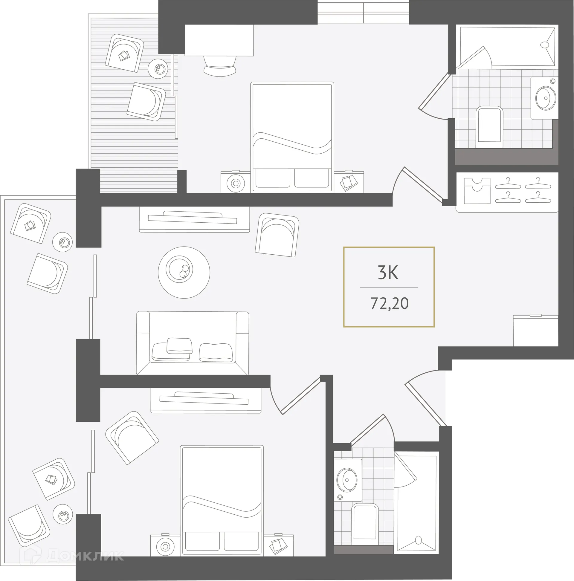 Планировка 3-комнатной квартиры 72.2 м² в ЖК Гостиничный комплекс "Нескучный сад", г. Сочи — фото 1
