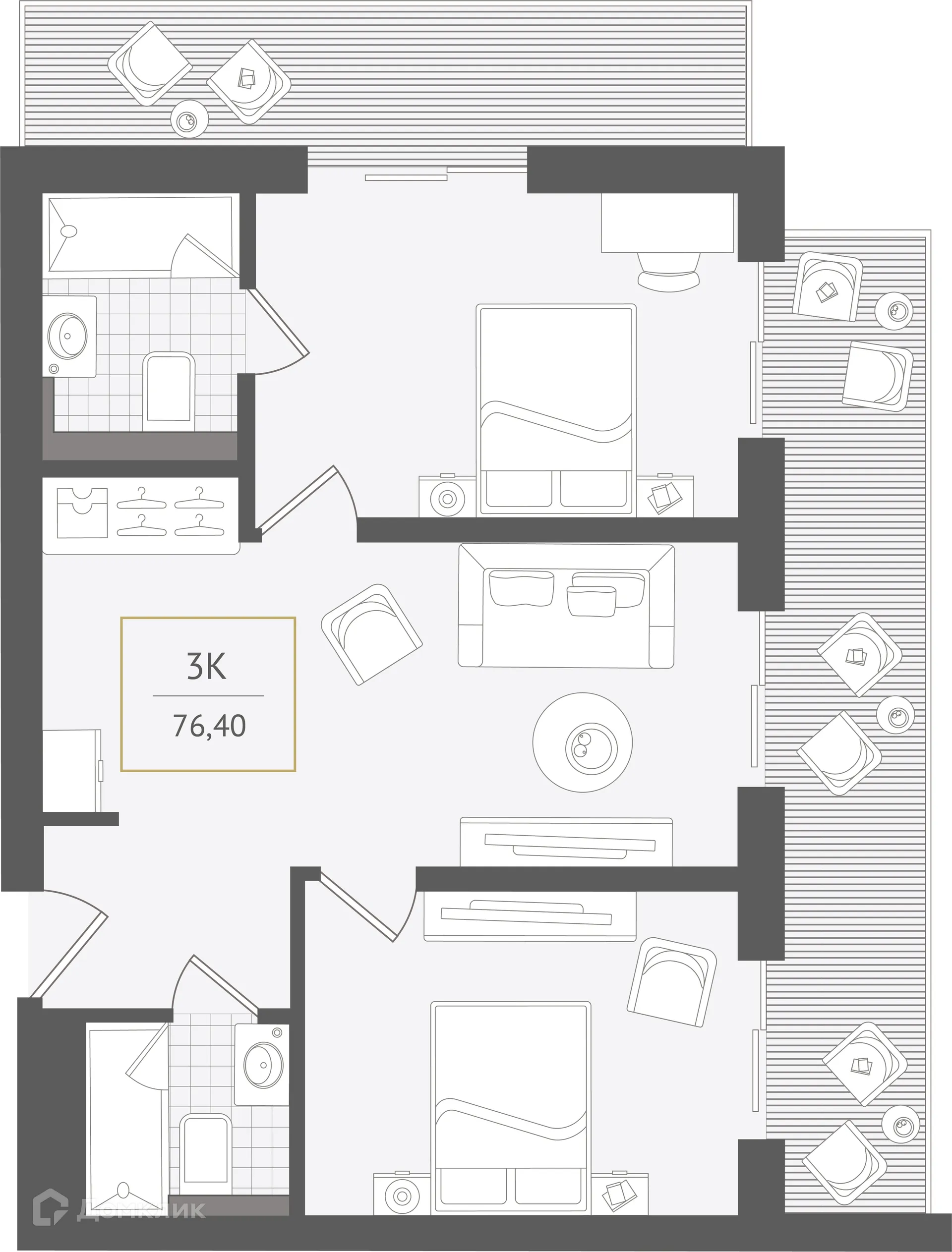 Планировка 3-комнатной квартиры 76.4 м² в ЖК Гостиничный комплекс "Нескучный сад", г. Сочи — фото 1