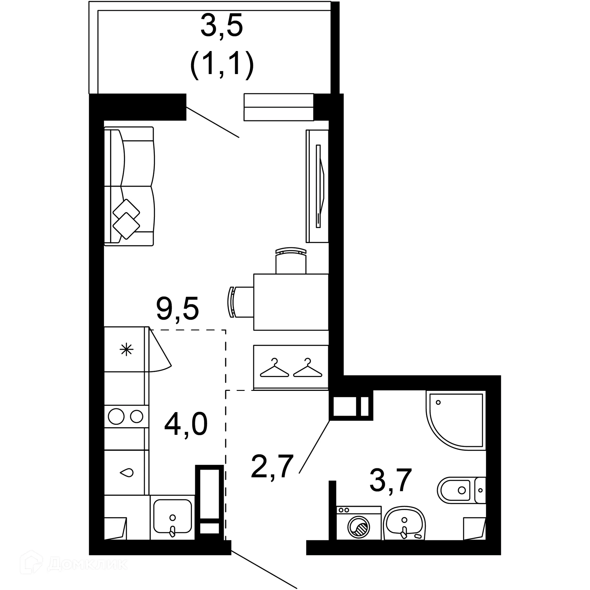 Планировка 1-комнатной квартиры 21 м² в ЖК Лестория, г. Сочи — фото 1