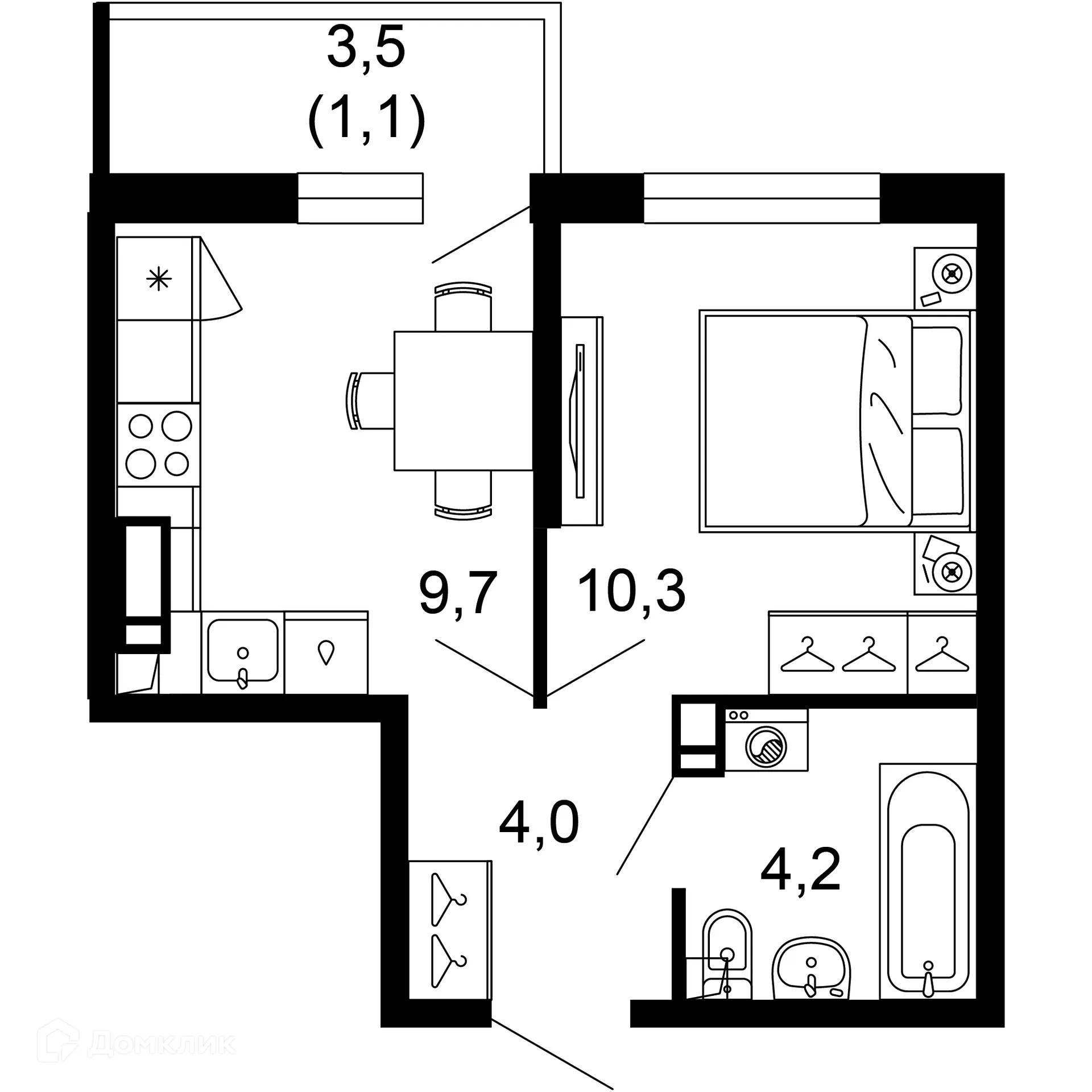 Планировка 1-комнатной квартиры 29.3 м² в ЖК Лестория, г. Сочи — фото 1