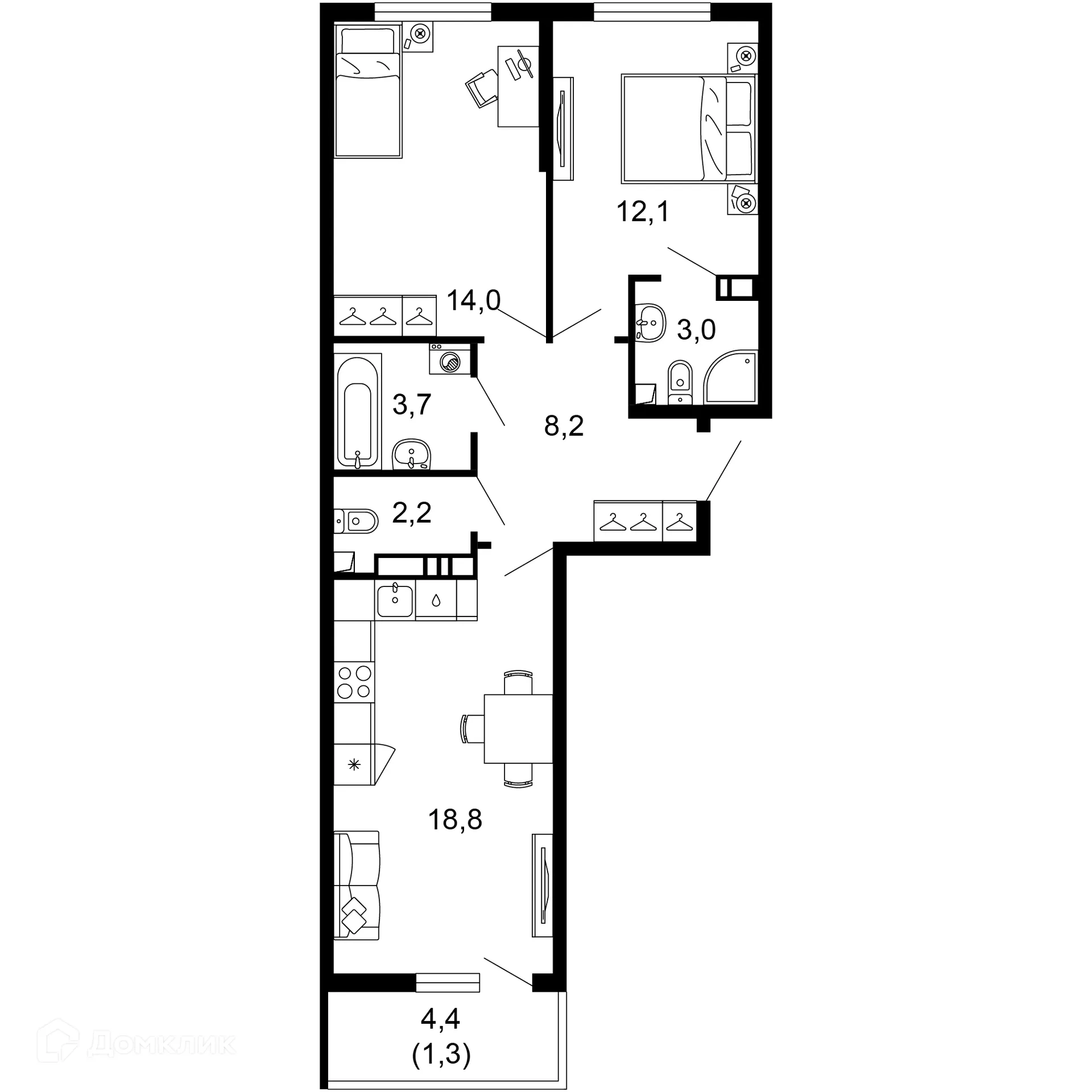 Планировка 2-комнатной квартиры 63.3 м² в ЖК Лестория, г. Сочи — фото 1
