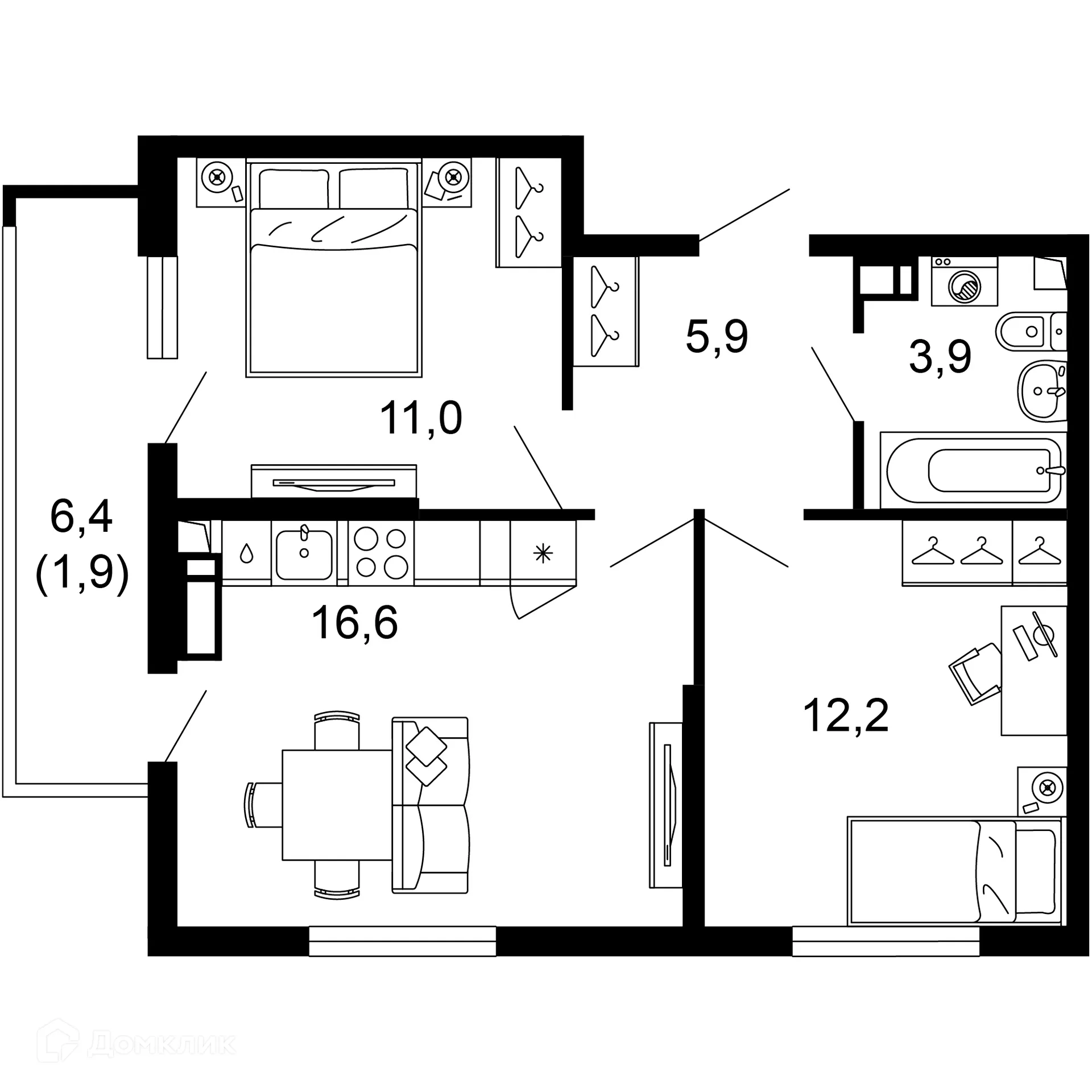 Планировка 2-комнатной квартиры 51.5 м² в ЖК Лестория, г. Сочи — фото 1