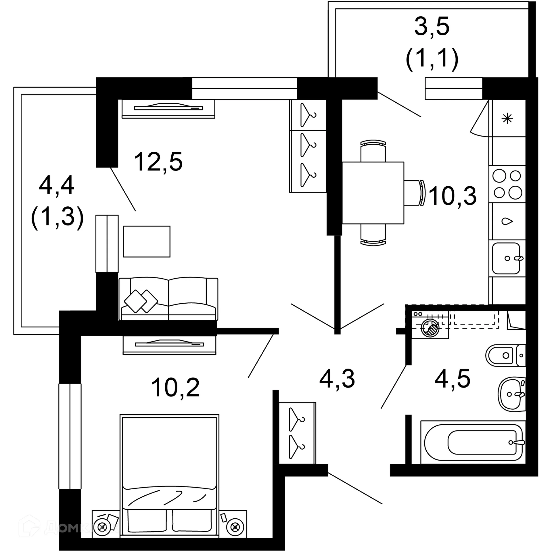 Планировка 2-комнатной квартиры 44.2 м² в ЖК Лестория, г. Сочи — фото 1