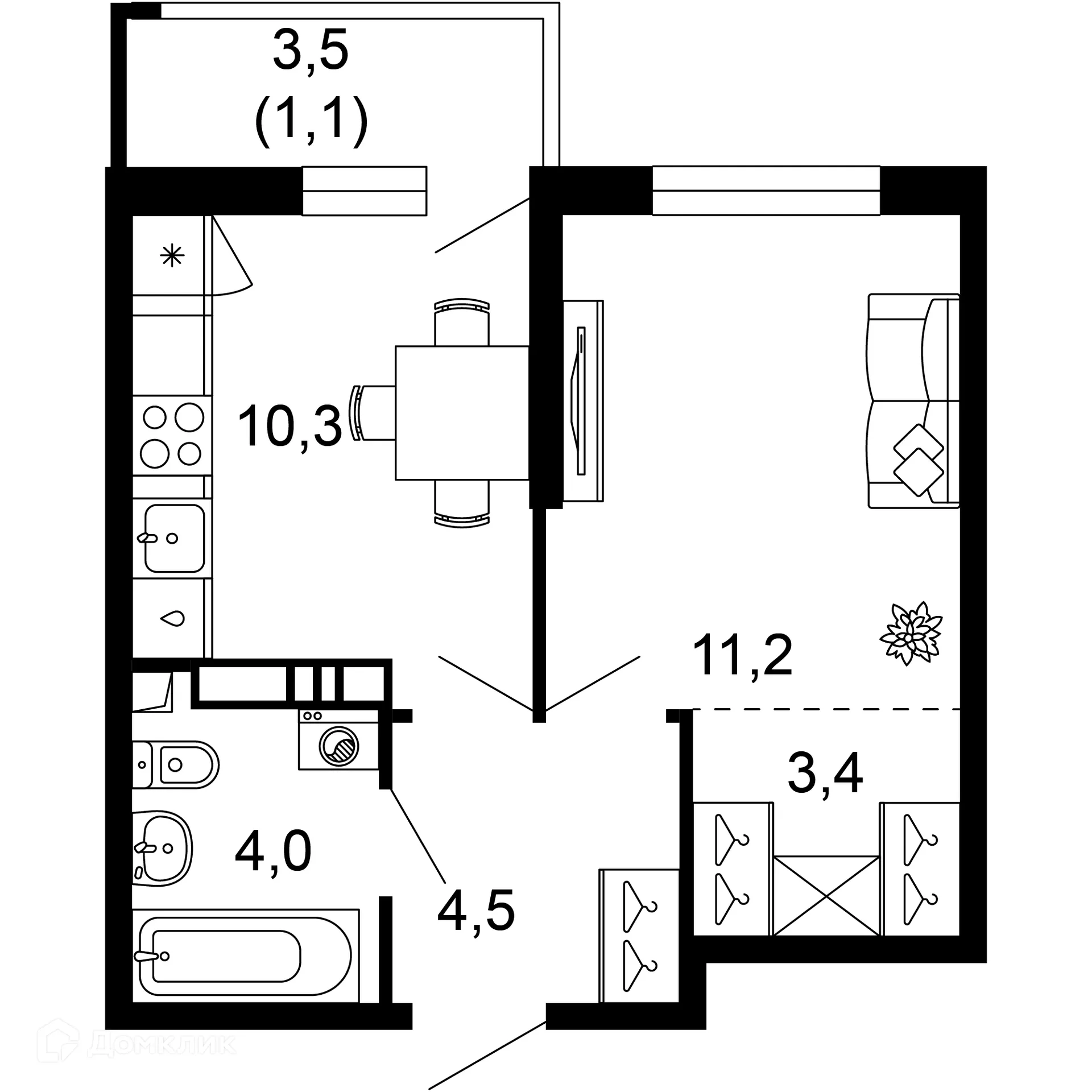 Планировка 1-комнатной квартиры 34.5 м² в ЖК Лестория, г. Сочи — фото 1