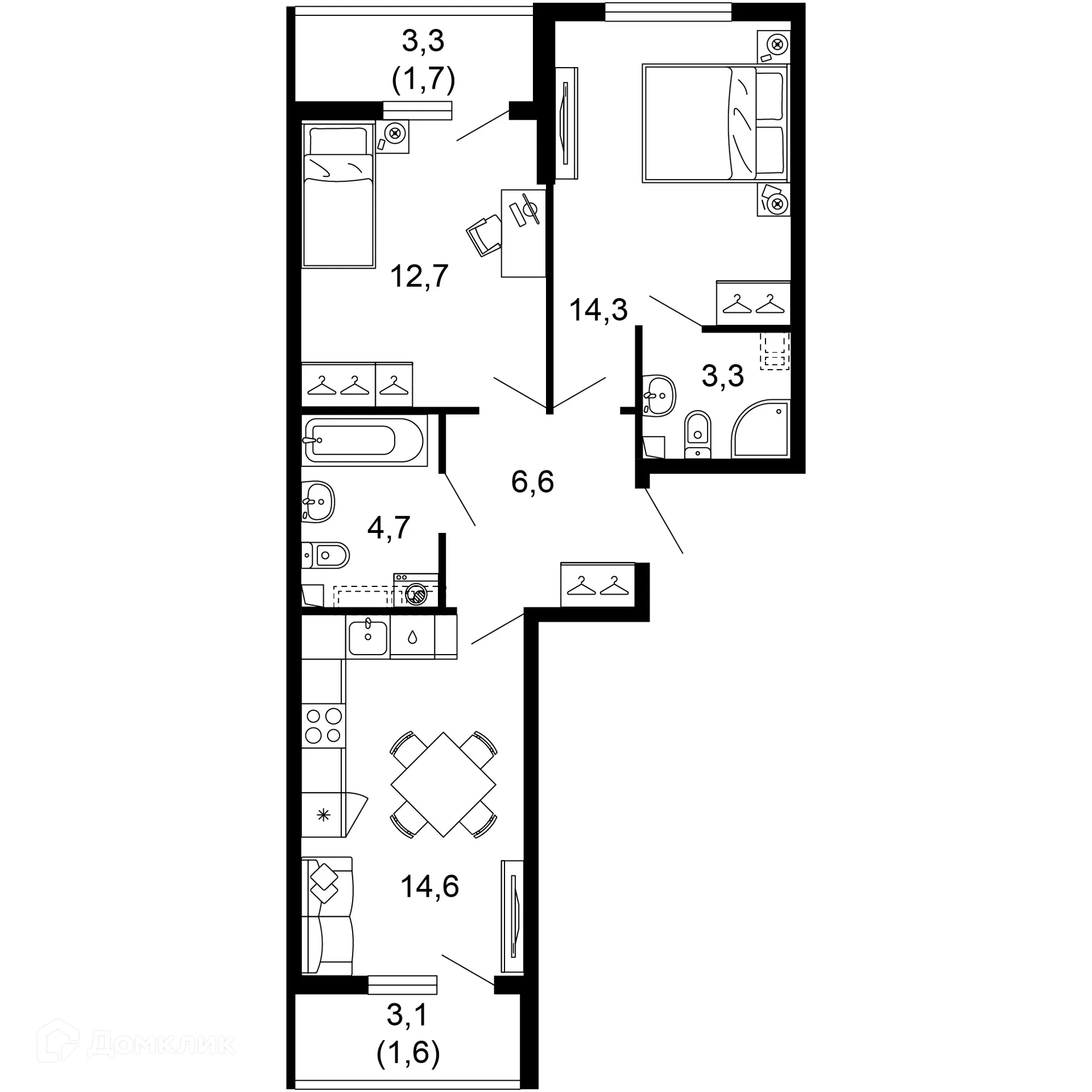 Планировка 2-комнатной квартиры 59.5 м² в ЖК Лестория, г. Сочи — фото 1