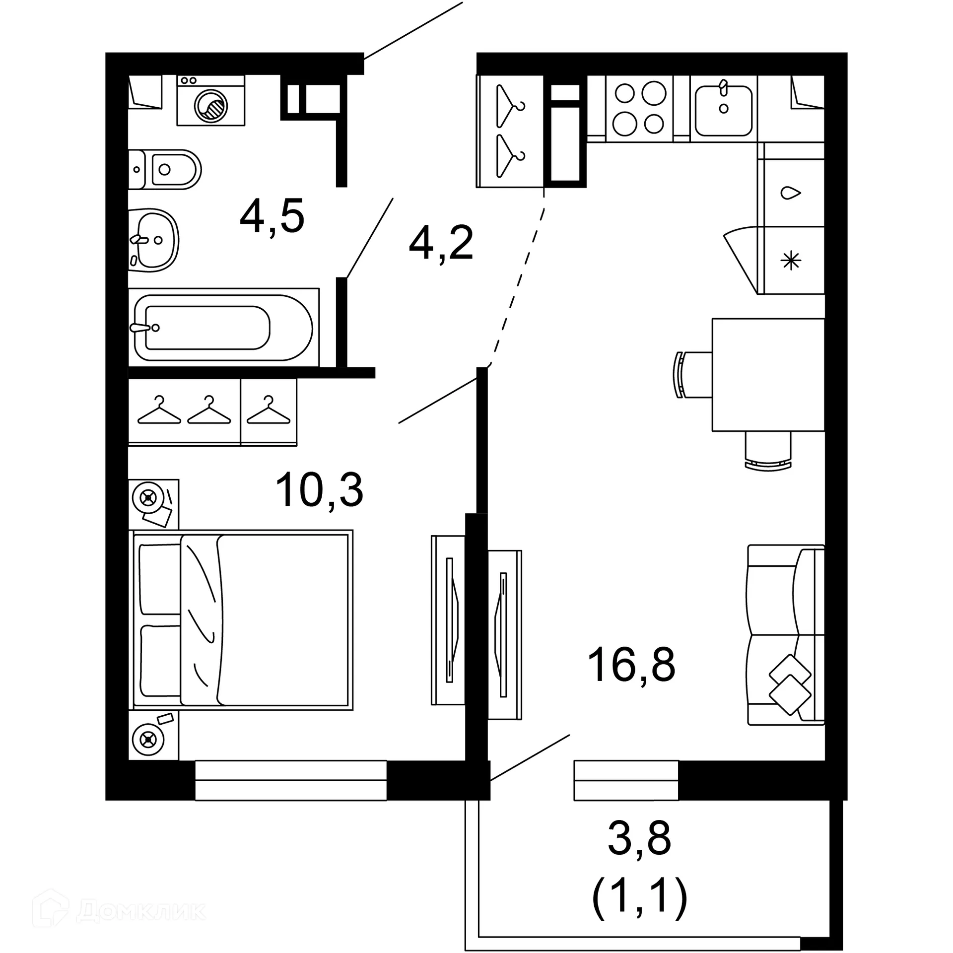 Планировка 1-комнатной квартиры 36.9 м² в ЖК Лестория, г. Сочи — фото 1