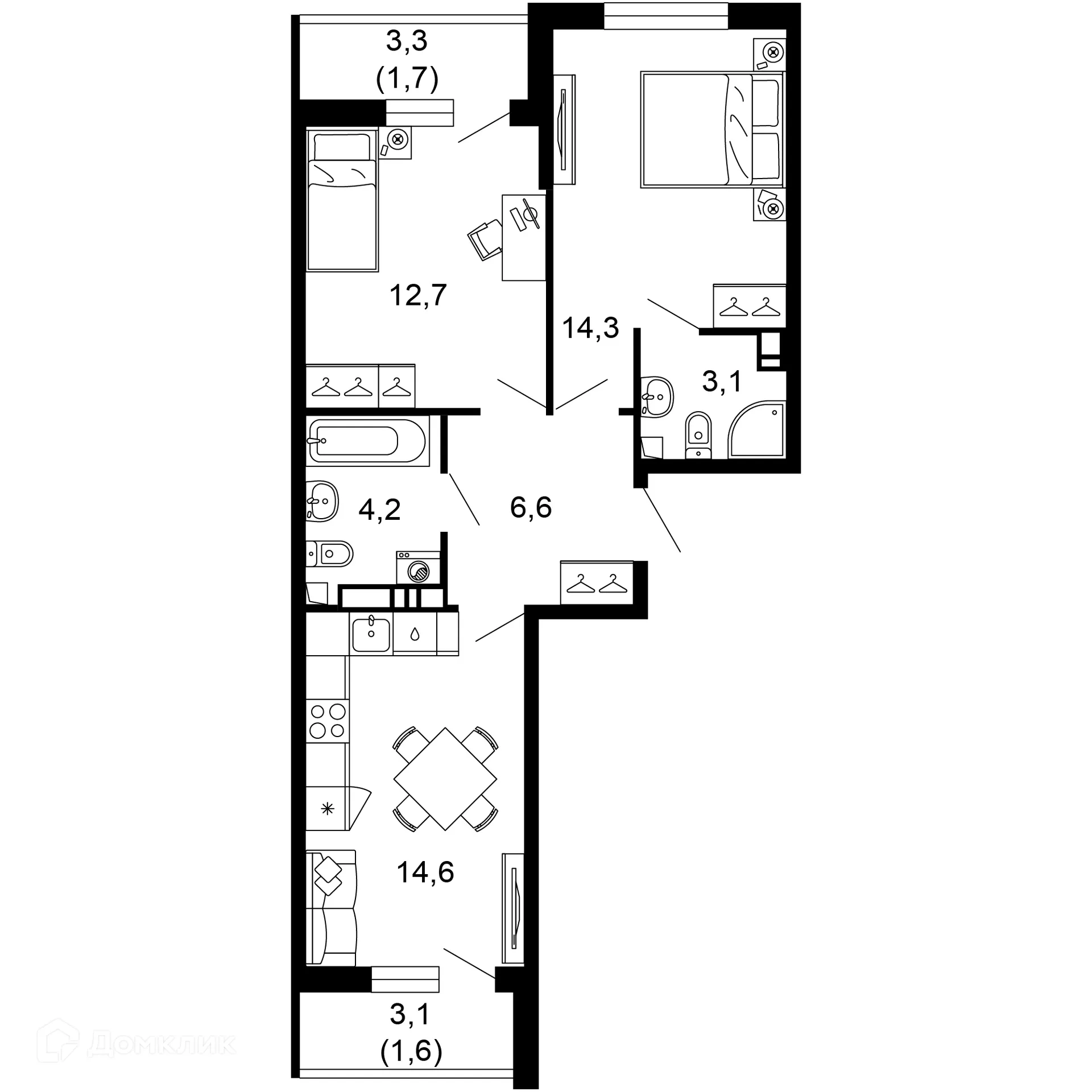 Планировка 2-комнатной квартиры 58.8 м² в ЖК Лестория, г. Сочи — фото 1
