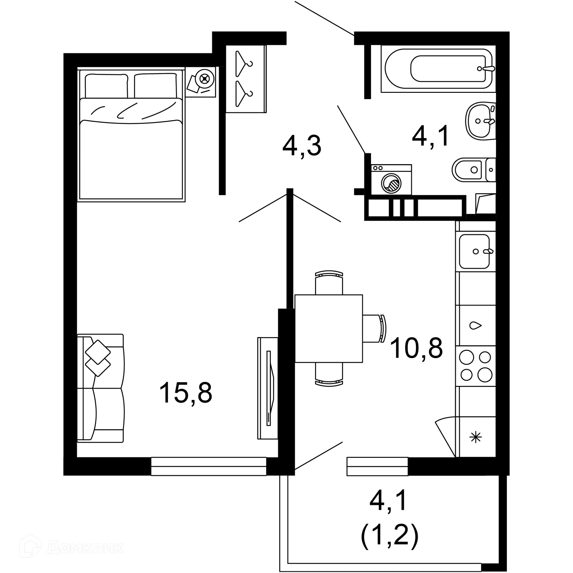 Планировка 1-комнатной квартиры 36.2 м² в ЖК Лестория, г. Сочи — фото 1